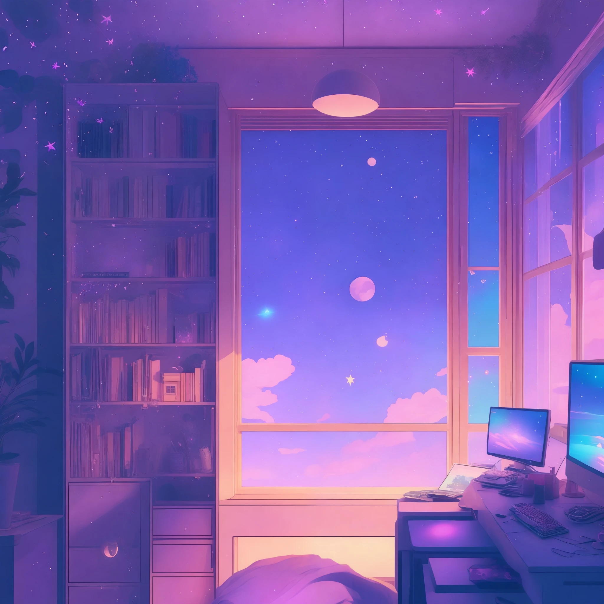 This is a (((lofi anime art print))) of a dreamy and soft y2k bedroom. The bedroom is cozy and nostalgic. ((The lofi and y2k aesthetic are important.)) Include a cluttered desk and bookcase filled with vintage charm. Include a retro computer on the desk. ((There are no people in this image.)) A prominent window in the serene bedroom overlooks a simple pastel city twinkling with stars and a mesmerizing meteor shower. Bathe this artwork in pastel purples, blues, and pinks, creating a dreamy, whimsical, and soft atmosphere. Peaceful mood, soft lighting, dreamy atmosphere, photographic, cinematic, intricate details, high quality, masterpiece, Art Lofi, Null Art Style, Lofi Sensation, portrait of lofi, Lofi Colors, null, lo-fi art, Lofi Vibes , Lofi atmosphere, Lofi hip hop, (Lofi Girl Aesthetics), computer aesthetic, ((dreamcore aesthetic)), (((y2k aesthetic))), y 2 k aesthetic, dreamy aesthetic, office background, background art, highschool background, gamer aesthetic, kawaii aesthetic, wallpaper aesthetic, dreamy illustration, soft aesthetic, cyber aesthetic, magical colored theme, toon aesthetic, violet colored theme, light academia aesthetic