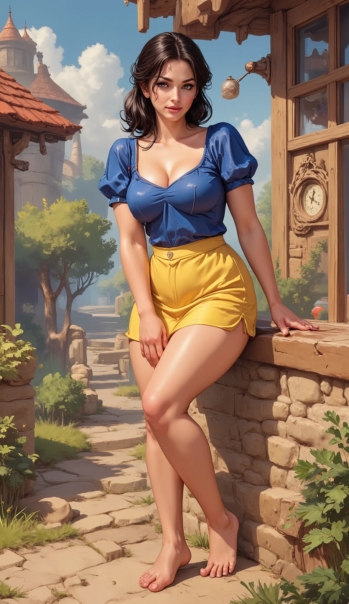 Disney。Thick outline、Flat Color。Sexy Snow White。mini skirt。Beautiful feet