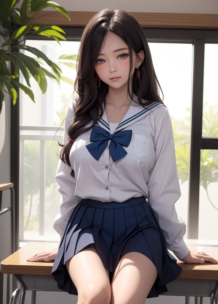 Best quality, masterpiece, detailed, one girl, cute girl, white panties, spread legs, brown hair, sailor suit, blue sailor skirt, white over knee socks, long hair, pussy juice, large breasts, detail, 4k, sexy, good pupil, 4k, detailed