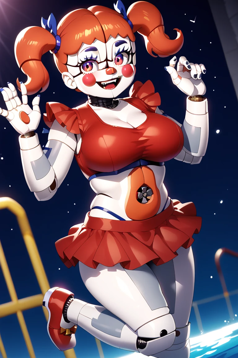 ((girl)), (((1girl)))), (((solo))), ((((alone)))), ((long white hair)), ((fully enclosed smiling white clown helmet)), ((orange glowing eyes)), ((clown hat)), (((faceless))), (((no face))), (((hidden face))), ((((pale skin)))), wide hips, narrow waist, thick thighs, standing in a circus tent, ((huge breasts)), (((full body skin tight colourful(white blue yellow orange) clown suit with star decals))), (yellow boots), (((short)))