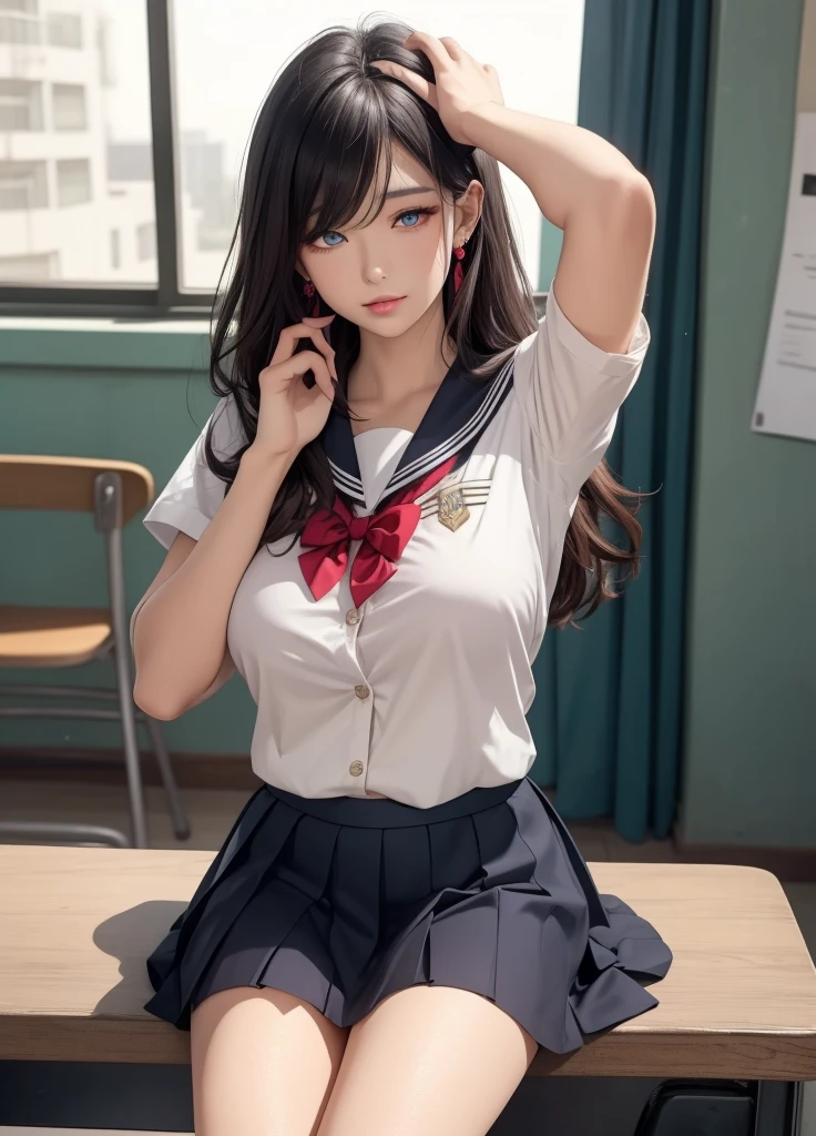 masterpiece,high detail,best quality,super detail, blush, happiness, lying, Anime, ((cute,woman,sailor uniform)), (from front,looking at viewer), (tied up with rope:1.3), (slender:1.3), (long hair:1.5), black hair, school, classroom