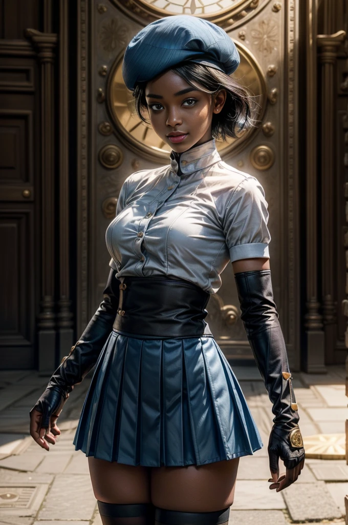 <lora:revgirlutena_himemiya-10:0.8> himemiya anthy, dark skin, dark-skinned female, short hair, crown, glasses, red sleeveless dress, aiguillette, wrist cuffs, jewelry, earrings