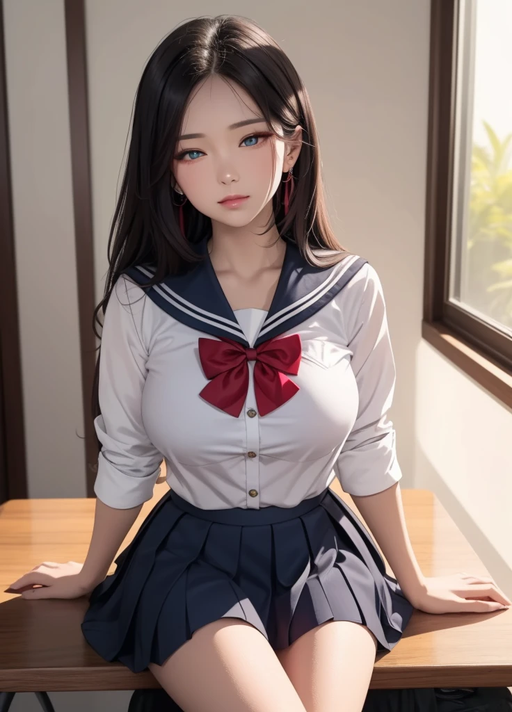 1young girl, (highly detailed eyes, highly detailed hair, highly detailed face), extremely detailed CG unified 8k wallpaper, Highly detailed, High-definition raw color photos, Professional Photography, Realistic portrait, Cinematic Light, Bangs, (High School Uniform, Pleated mini skirt:1.3), (High school uniform with wide open breasts:1.4), (Beautiful big breasts:1.3), (See-through sheer panties), cameltoe, School, sitting, ((legs wide open)),