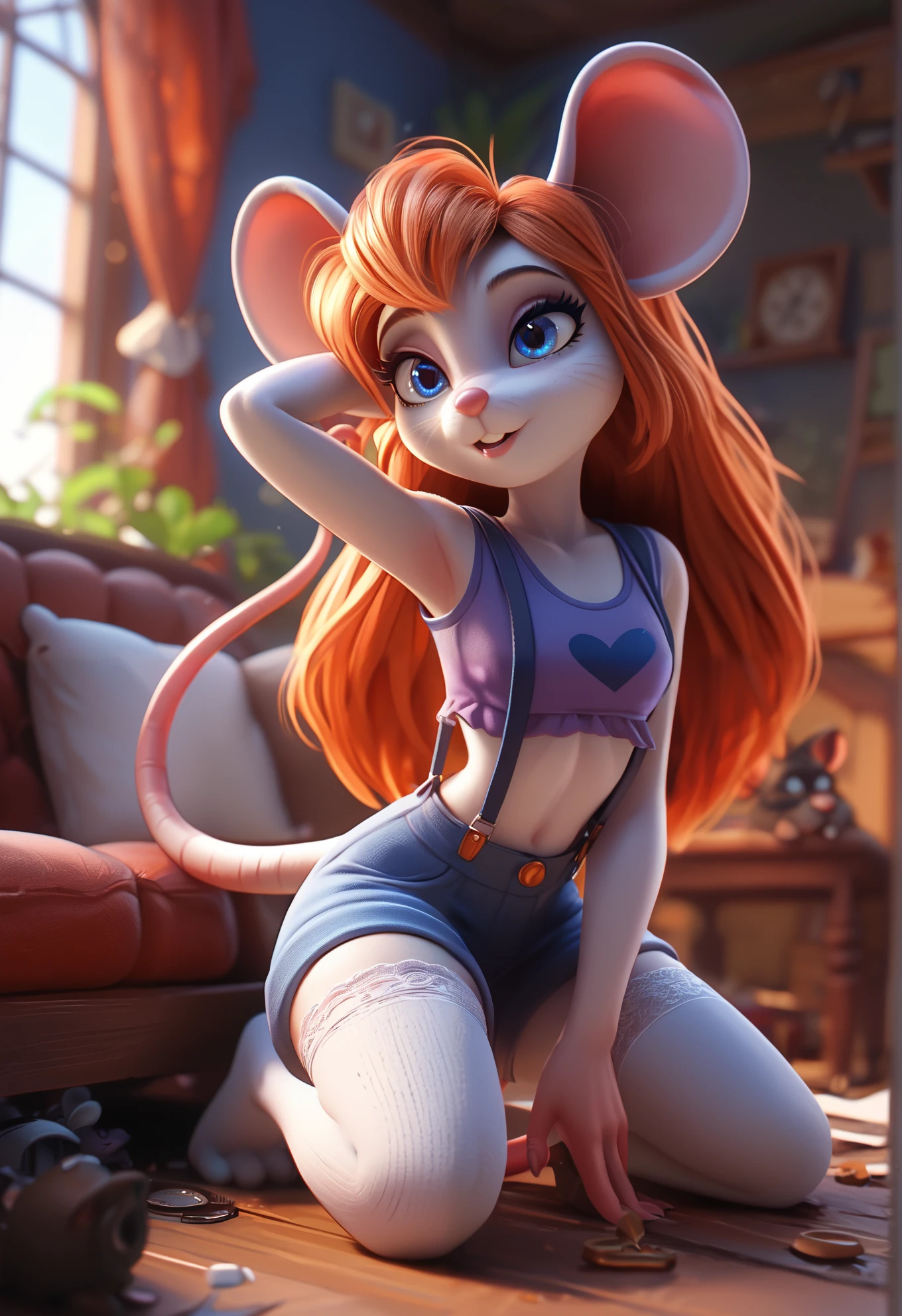 female, anthro, solo, mouse, round glasses, looking at viewer, kneeling, curvy figure, orange hair, long hair, small breasts, big butt, , (y, kneeling, mouse tail, juice string, BREAK simple background, oil painting \(artwork\), by pino daeni, by foxovoh, by zeekzag, (by kevinsano), by chelodoy, best quality, masterpiece