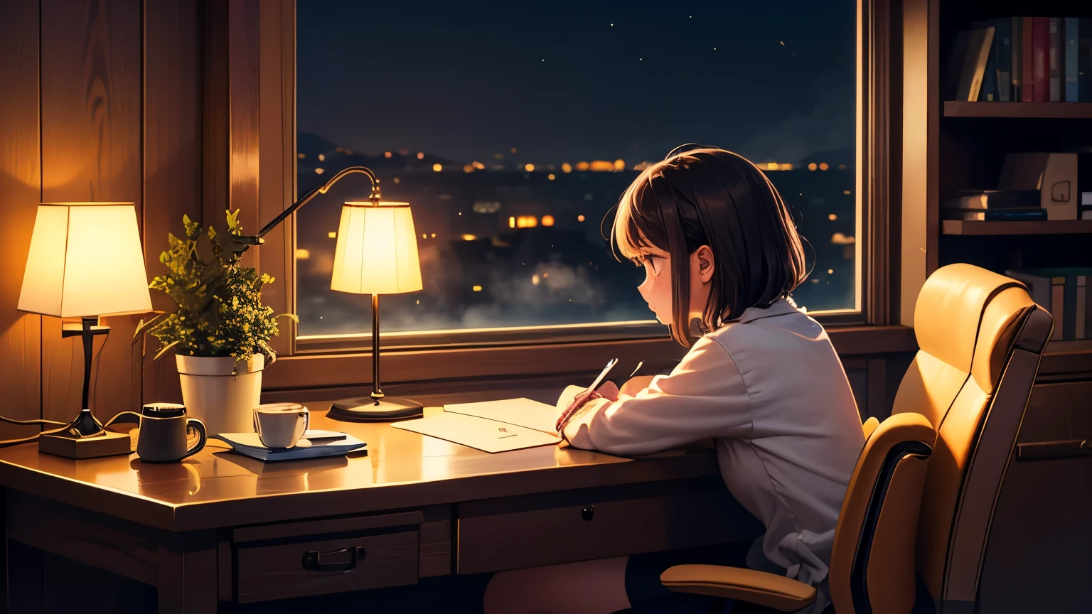 There is a girl sitting at a desk writing in front of a window - SeaArt AI