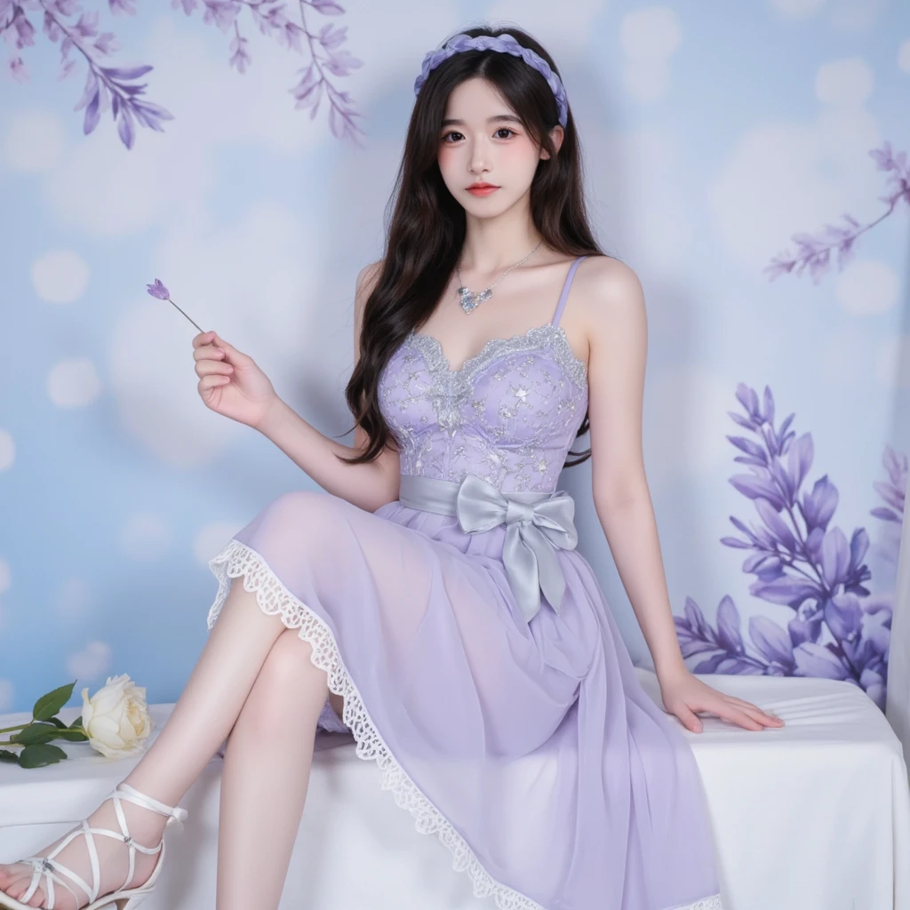 araffe woman in a purple dress sitting on a bed with a cake, wearing organza gown, sakimichan, fairycore, trending on cgstation, ethereal and dreamy, ethereal fantasy, sha xi, yanjun chengt, ethereal beauty, sakimichan frank franzzeta, ethereal fairytale, translucent dress, dreamy style, dreamy and ethereal