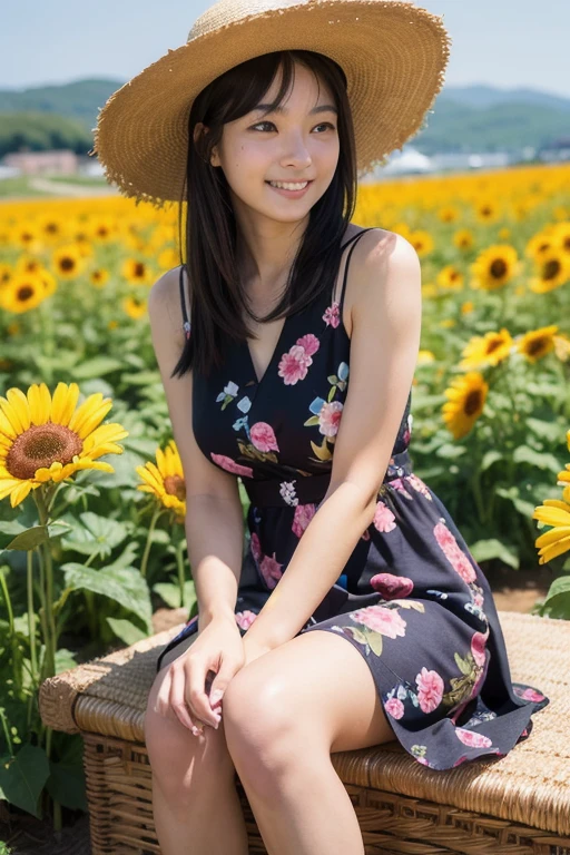 最high quality、high quality、Best image quality、8k,Sunflower print bikini,Micro Bikini,short hair,Bobcut、smile、最High resolution、High resolution、最high quality、masterpiece、RAW Photos、whole body写真、Detailed and realistic human body、Detailed and realistic skin、Realistic face in every detail、Detailed and realistic eyes、Detailed and realistic lips、Detailed and realistic teeth、Detailed and realistic ears、Detailed and realistic hair、Detailed and realistic weapons、Realistic reproduction of every detail、Realistic fingers in every detail、(Beautiful Hands、thumb１reference４)、Realistic feet down to the last detail、((Beautiful Japanese Woman))、(Japanese Model)、((21 year old beautiful woman))、(Black Hair)、(Straight hair)、((whole body))、(Slim and perfect figure)、(whole body光沢肌、Fair skin)、Detailed and realistic human body、Detailed and realistic skin、Realistic face in every detail、Detailed and realistic weapons、Realistic fingers in every detail、Detailed realistic feet、Soft natural light、360 degree sunflower field、((standing in the middle of a field of sunflowers(A girl surrounded by sunflowers 360 degrees))、Poses to make your thighs look beautiful