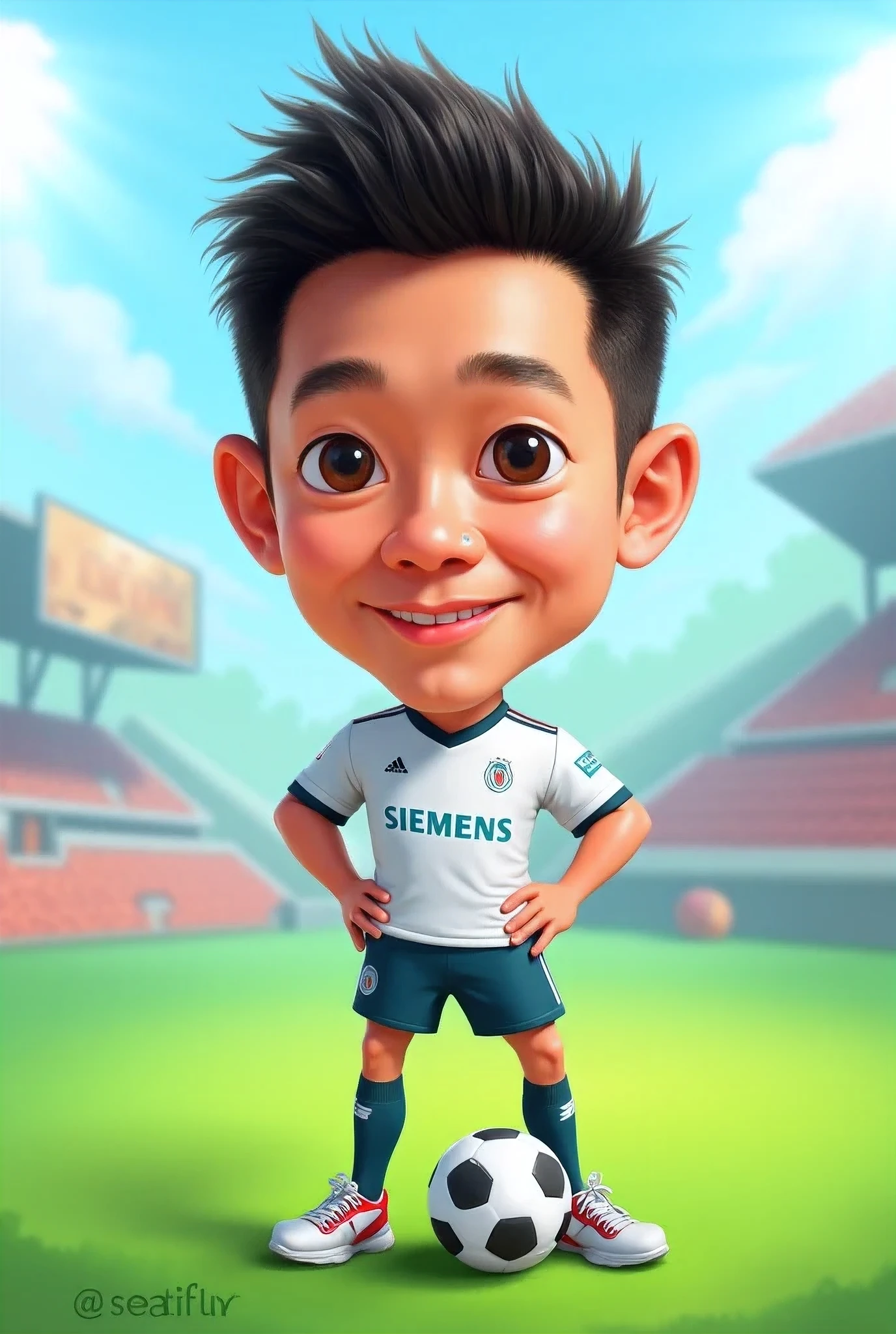 2D Caricatur image, big head, an indonesian 30 years old man wear soccer uniform, standing at green field with a ball on his feet. ((soccer uniform with sponsor text "SIEMENS" on chest)), ((face asian indonesian)), ((short black hairstyle))