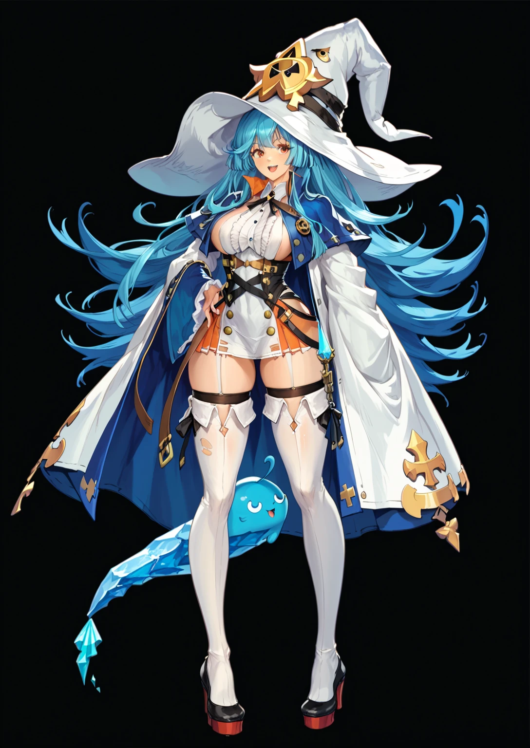 a close up of a woman in a white hat and blue dress, guilty gear art style, characters from azur lane, from the azur lane videogame, tensei shitara slime datta ken, official character art, astral witch clothes, guilty gear art direction, epic mage girl character, ice sorceress, azur lane style, (masterpiece, anthropomorphic fantasy anime style, creative art), big boobs, sexy, curvy, sexy beauty, voluptuous, expressive, cheerful, cute smile , harmonious colors, dynamic composition, cinematic lighting, highly detailed, 8k, concept art style
