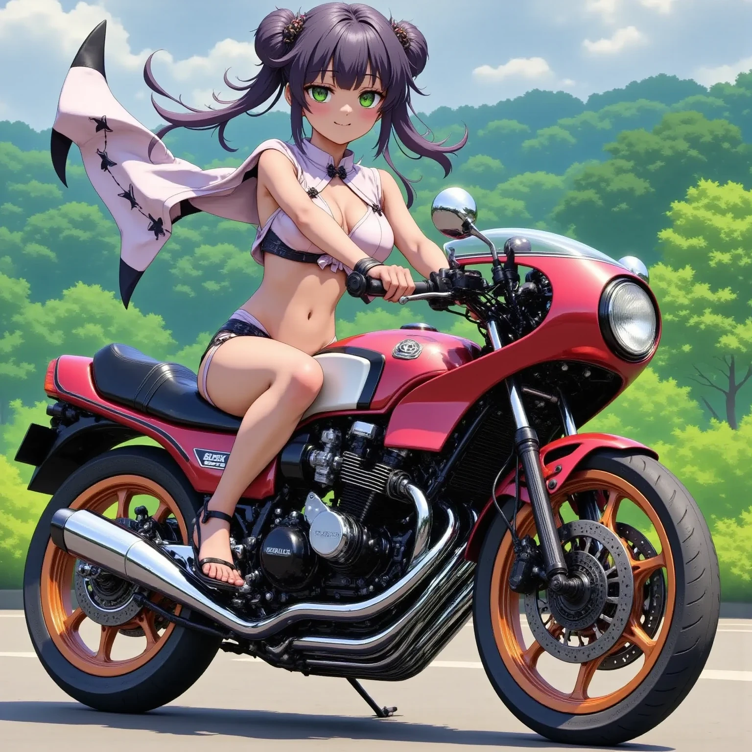 Beautiful woman in bikini riding a cool motorbike., pintura