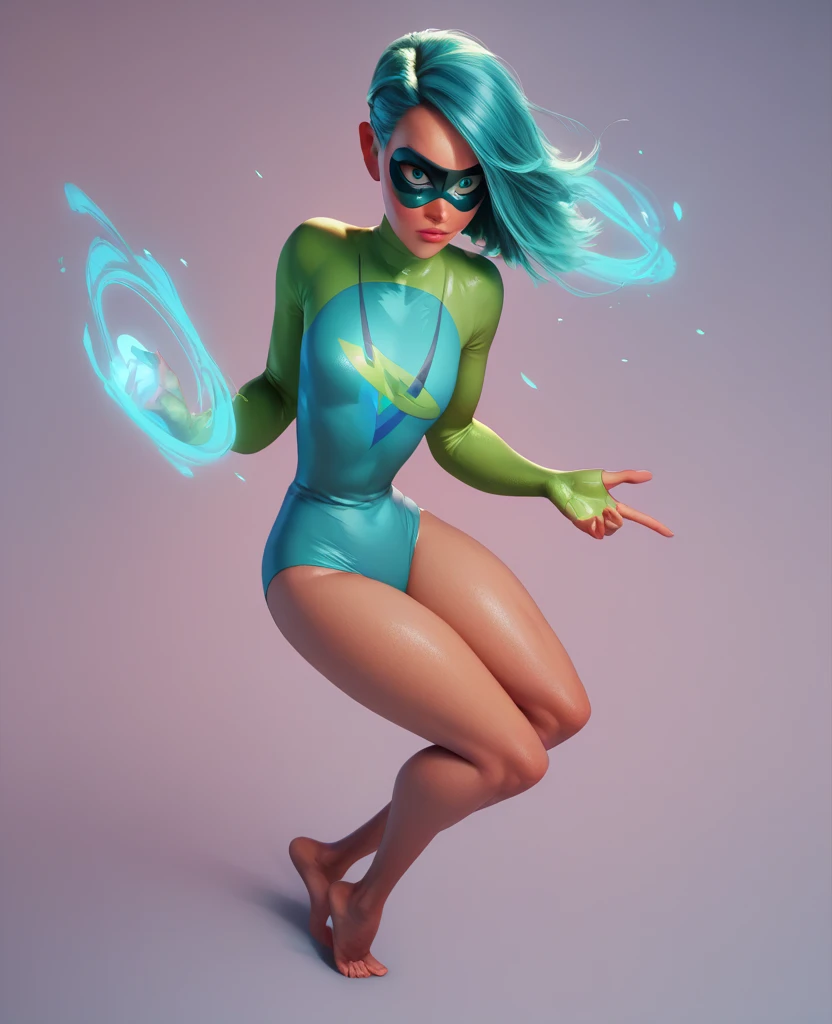 Voyd, turquoise eyes, teal hair, ssmile, tight lime green and teal leotard with sleeves, mask, barefoot