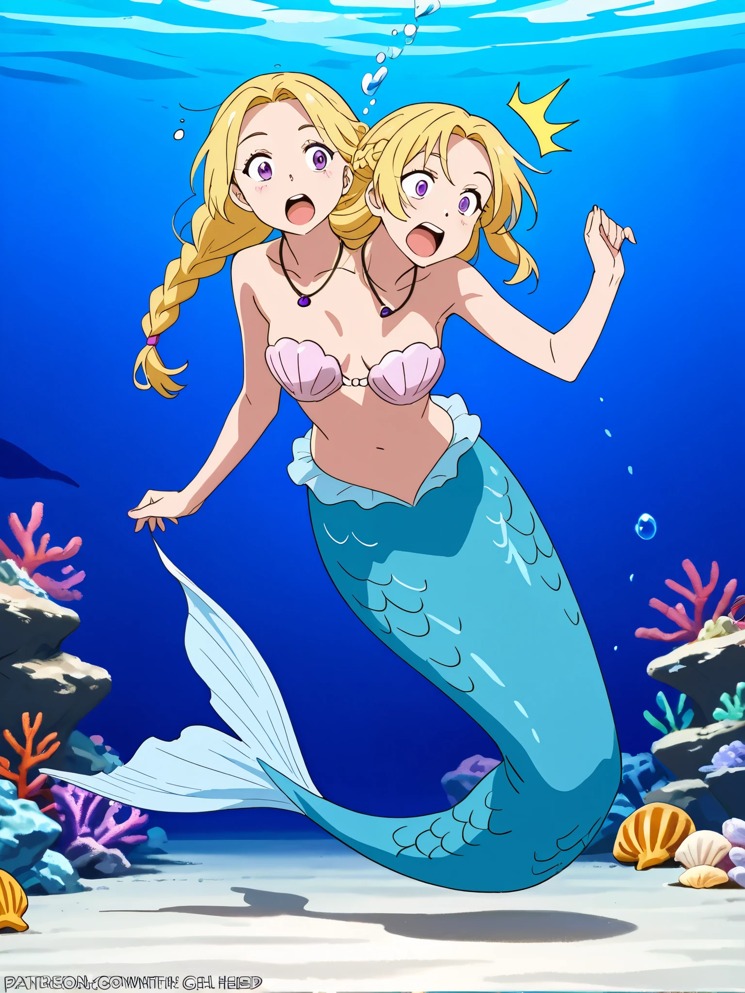 anime girl with two heads, mermaid, blond hair, purple eyes, both heads pull in opposite directions, surprised, distracted, uncoordinated, open mouth, shell bra, necklace, hair braid, mermaid tail, swimming underwater, full body shot