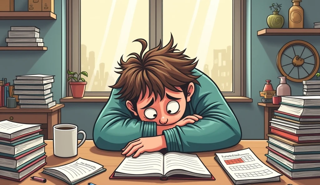 create a cartoon of a very tired person hunched over a table