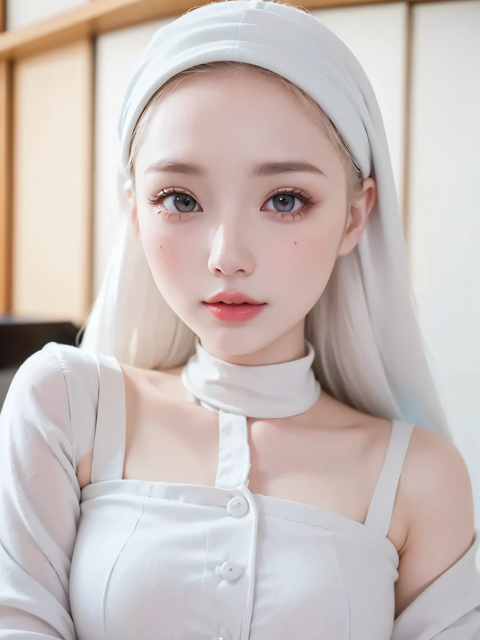 Instagrammer、Trendy fashion sense 、Model woman, pale white skin like porcelain , focus on face , soft portrait shot 8K , Pale young ghost girl, white skin like porcelain , , pale milk-colored porcelain skin , K-pop karina style