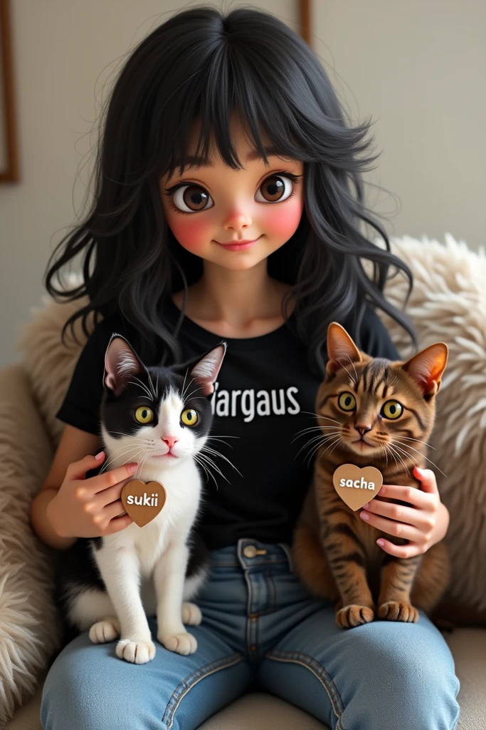 Blythe doll Wavy hair, brown eyes, mole on right eye, light brown skin no hair on forehead with a greenish cat with white in his hand without ears and my brown eyes
