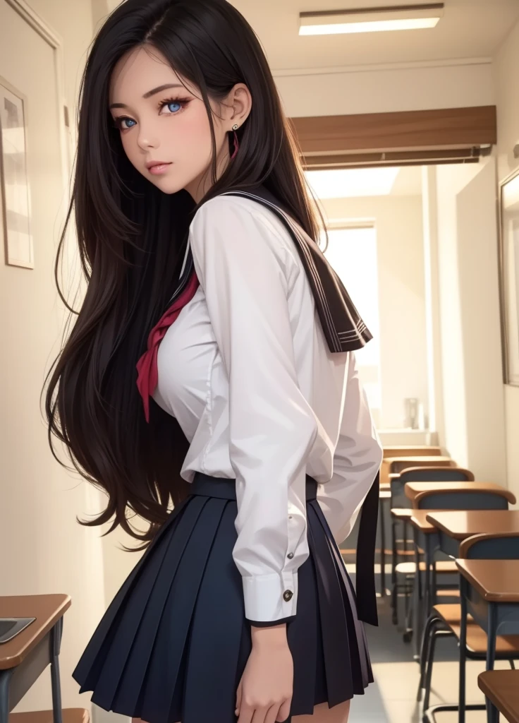 asterpiece, best quality,realistic,(realskin:1.5),1girl,school,longhair,no_bangs, side_view,looking at viewer,school uniform,realskin softlight