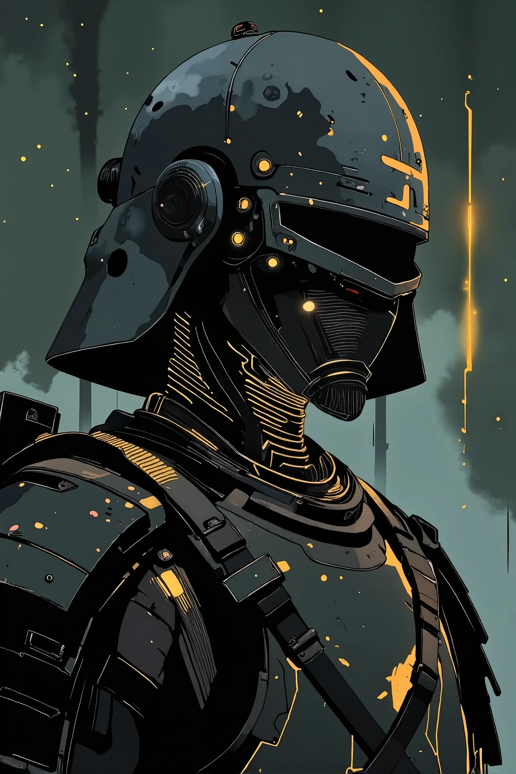 The image is a close-up of a dark and eerie scene with an off-center composition and wide-angle perspective, focusing solely on the samurai's head, neck, and torso. The samurai’s armor blends traditional aesthetics with futuristic elements. His neck is adorned with intricate, glowing armor plating, the dark metallic tones punctuated by glowing accents that give an ethereal light to his figure. The armor is battle-worn, with visible scratches and dents that speak to his experience as a warrior.
His face is mostly obscured by a sleek, high-tech helmet, designed to resemble traditional samurai armor but with a modern, futuristic twist. The helmet has subtle glowing lines that highlight its contours, giving it an almost otherworldly, mystical presence. His gaze is intense, even though his eyes are not visible, as if he is looking directly at the viewer with quiet strength and determination.
A fabric hood partially covers his head, enhancing the enigmatic and mysterious aura around him. The samurai's neck and shoulder armor fit perfectly with the rest of his attire, radiating a sense of ancient honor intertwined with futuristic technology. The upper part of his katana’s hilt can be seen, resting against the side of his body, faintly glowing, as if it carries some sort of mystical energy.
The background remains dark and melancholic, with a faint beam of light cutting through the mist, illuminating the samurai’s upper body and creating dramatic shadows. The eerie atmosphere is accentuated by the reflections on his armor and the subtle details in his attire. The scene feels cinematic, evoking quiet intensity, honor, and a blend of ancient tradition with futuristic sci-fi.
The artwork follows an anime-inspired style with dark and dim lighting, influenced by the works of Makoto Shinkai and eerie, atmospheric illustrations of John Kenn Mortensen. The composition is highly detailed and vibrant, blending dark, whimsical elements with fantasy-driven, eerie designs. The samura
