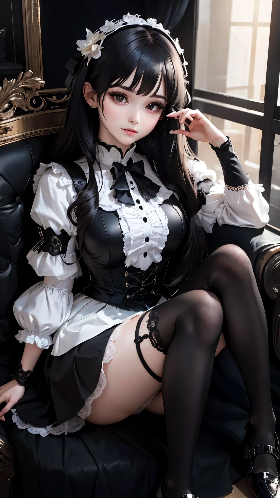 A highly detailed portrait of a young woman with proportional body, realistic fingers, natural facial features,(anatomically accurate:1.1),Photo realistic, RAW photo, 35mm lens, soft studio lighting, visible skin pores, ultra high resolution, cinematic realism,Cute Lolita dress with black base color,place her left hand on her cheek,(full body image from head to toe:1.2),sitting in a chair in old-fashioned luxury,white panties,Skirts up to the knees,loafer shoes