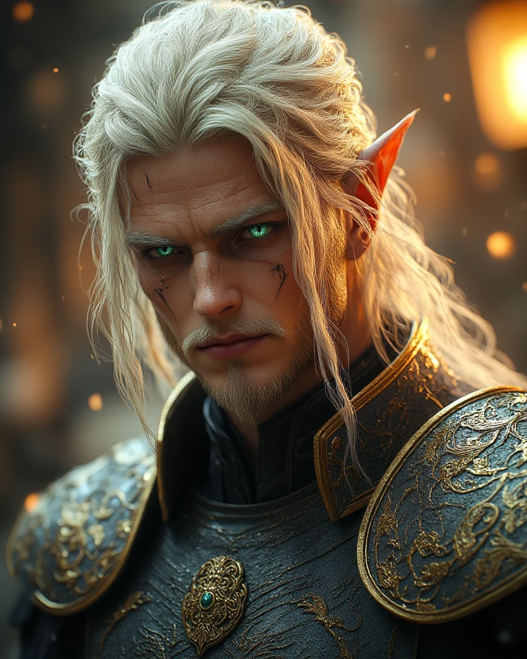 Male fea warrior, tall, big guy, athletic, mascular, very handsome and masculine face, medium-length light blonde hair, turquoise eyes with golden rimm around his pupils, military uniform, Shiny Hair, Floating Hair, Pointy Ears, Smirk, Simple background, Wide Shot, Sideways, Glowing Light, Cinematic Lighting, High Resolution, Masterpiece, Anatomically Correct, Accurate, Best Quality, Textured Skin, 