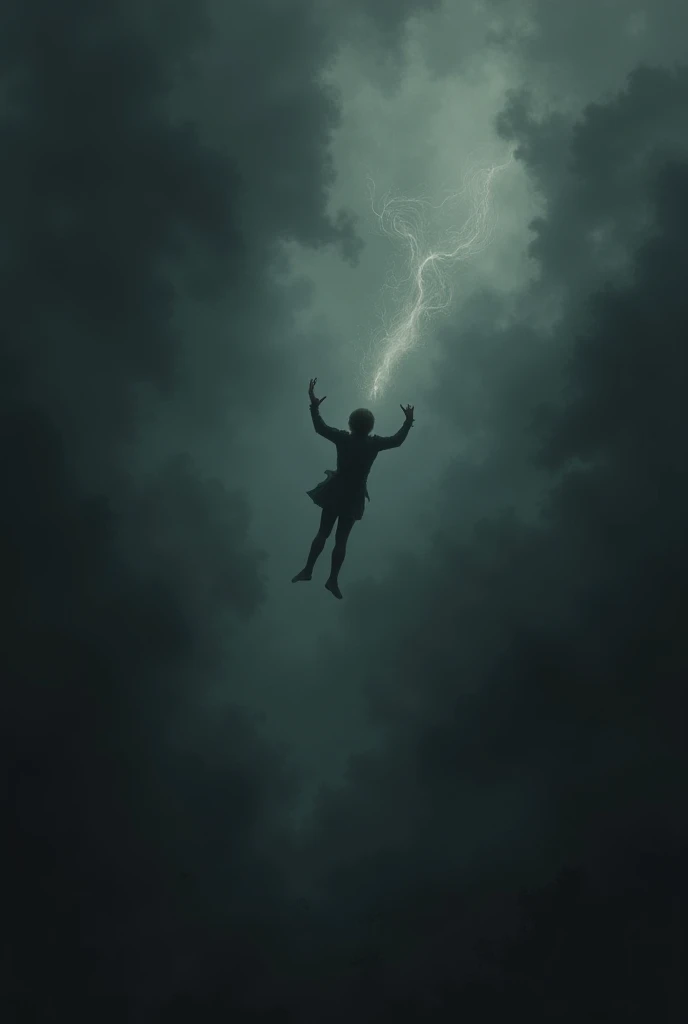 a realistic black and white pic of a baby levitating in the dark sky with lightnings and a yellow shinning crown over your head