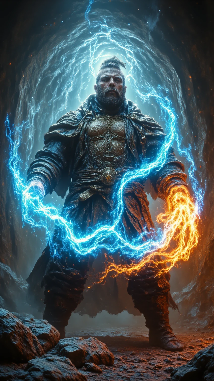 Stocky muscular mage, almost 2 meters tall, with dark green eyes, broad-shouldered, exposed hairy chest, handsome and masculine. Charming. He kept his beard well trimmed. Thick moustache. Medieval clothing. He cast a spell that create a vortex of icy wind and thundery fire from his hands. Epic, ethereal, otherworldly.