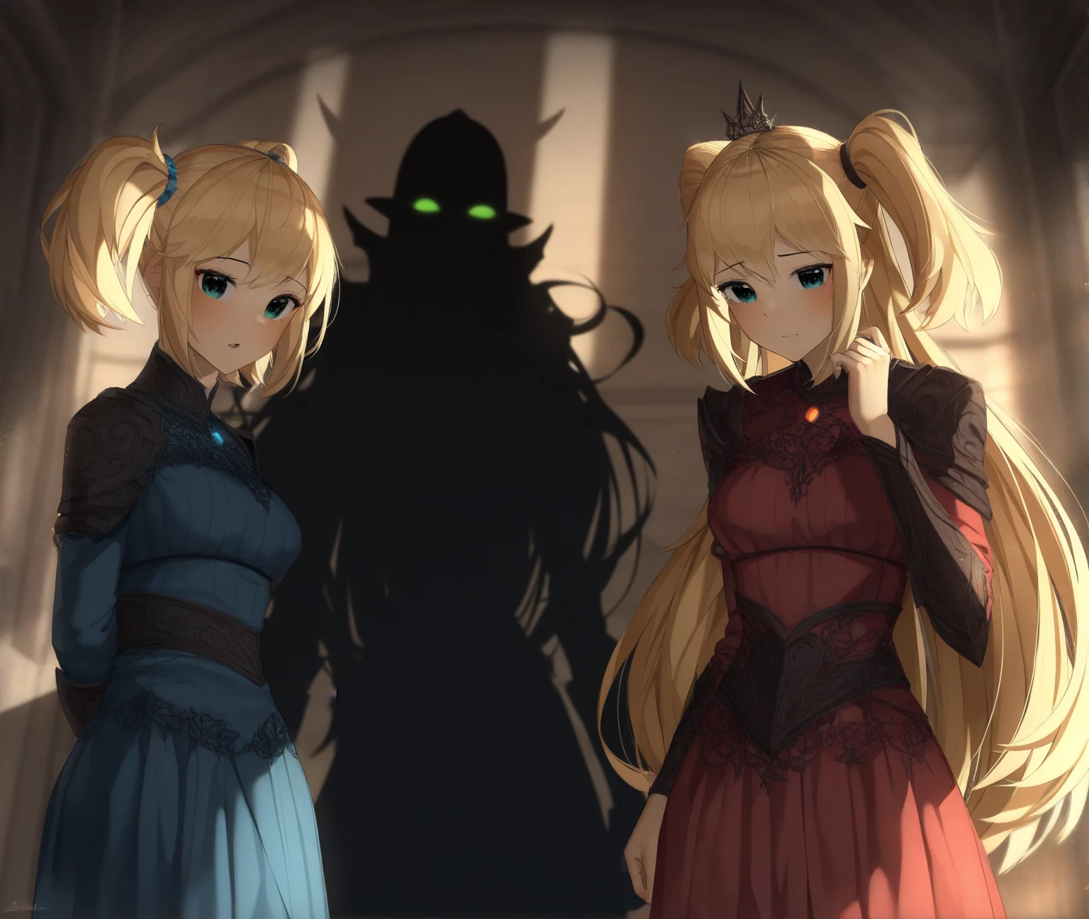 (masterpiece, best quality, ultra-detailed, best shadow), (detailed background, dark fantasy), (beautiful and detailed face), high contrast, (best lighting, extremely delicate and beautiful), ((cinematic light)), colorful, hyper detail, dramatic light, intricate details. Two blonde anime girls standing next to each other, taller girl has a black streak in her hair that stands out, beautiful green-eyed girls, wearing Japanese blue-black clothes, rimuru and milim, inspired by INO, two beautiful anime girls, in anime style, very anime style, sisters, sasoura, anime style”, in anime style, ecchi anime style, in Japanese anime style, sirius a and sirius b, fan art, beautiful gemini twins