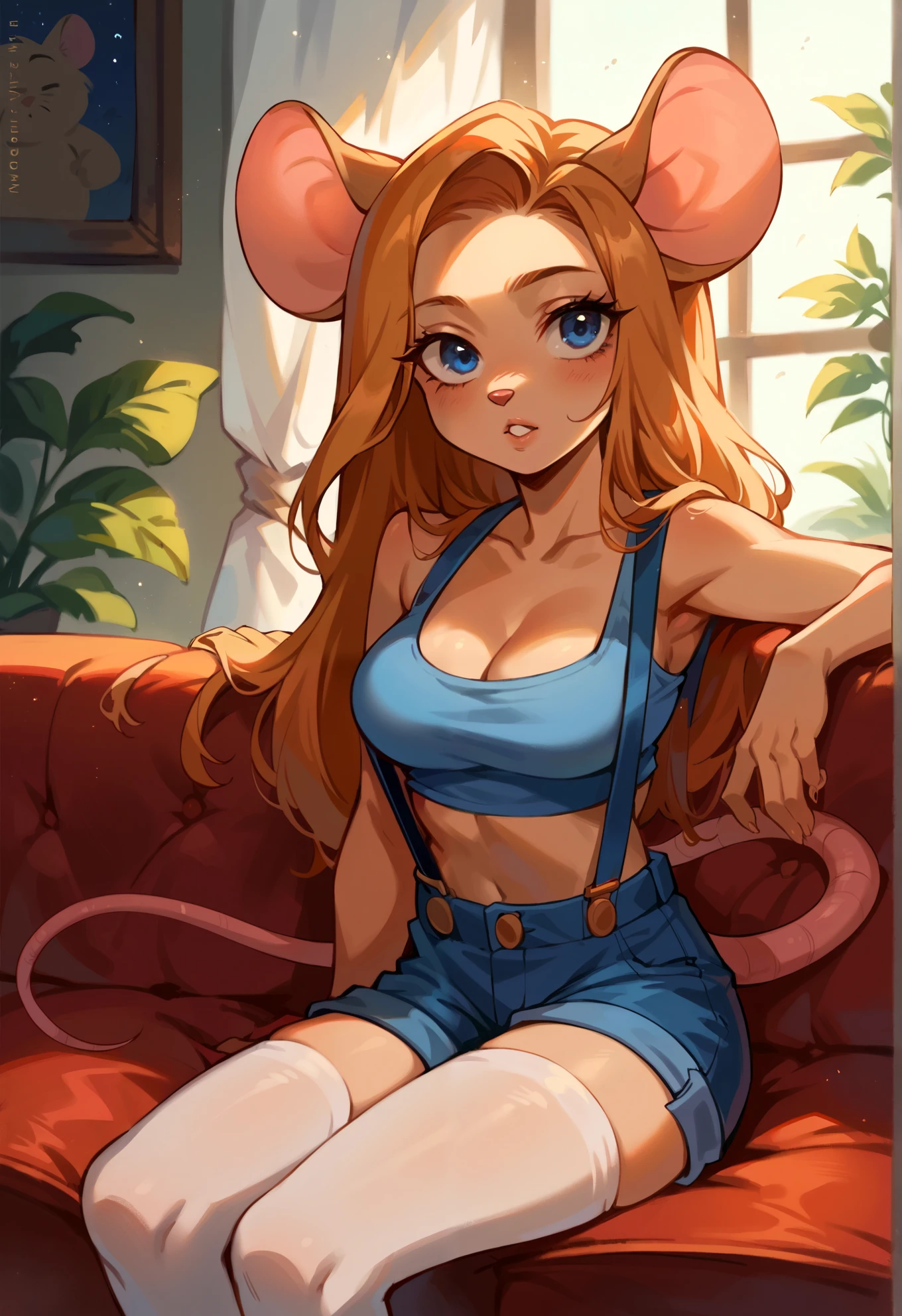 Source_furry, Gadget, rescue rangers, 1girl, solo, long hair, mouse tail, mouse ears, blue eyes, furry, parted lips, blue shorts, suspenders, crop top, cleavage, downblouse, white stockings, on a worn out red couch, sexy pose, old warehouse, night time, cinematic lighting,