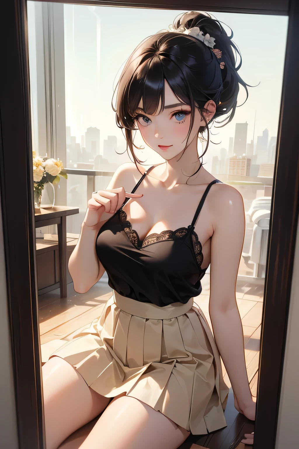 A high school girl with a skirt and big chest wearing a beautiful makeup