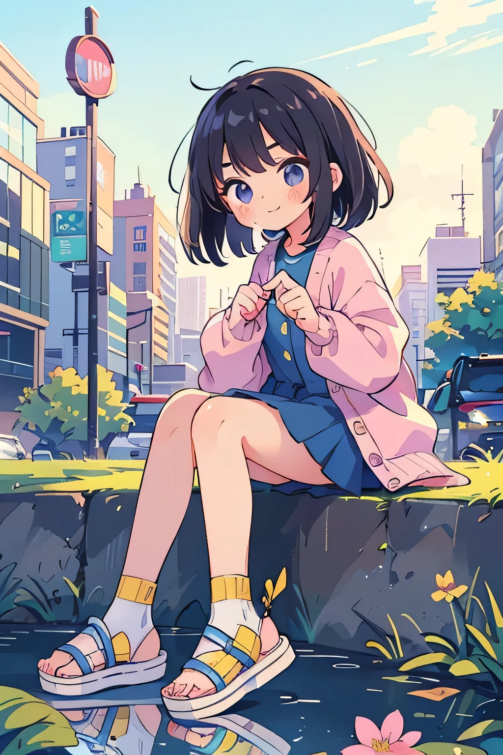 best quality 、 high resolution、( HD:1.2)、masterpiece、 detailed background、 beautiful face down to the smallest detail、 detailed face 、 detailed expressions 、 detailed eyes、 anatomically correct、(Normal number of fingers:1.4)、 beautiful woman in her 20s 、( big size:1.3)、 perfect body line、 tea hair、 black hair、 Braided Bob Cut 、 ponytail、 wavy hair、 Well-groomed eyebrows 、 calm atmosphere 、 model pose、smile、
( Beautiful model girl reflected in the background of a well-designed cityscape:1.5)、
Roppongi Hills、Shiodome 、Shinjuku Fukutoshin、 Shibuya Scramble Square、 It's an area where just incorporating light materials gives off a sense of the season all at once 、
A dress with a pastel color or small flower pattern 、 A denim jacket or short cardigan 、White sneakers and sandals 、 Wear light outerwear for a spring-like look 、like々 flared skirt with pink and yellow floral patterns 、 Very Beautiful