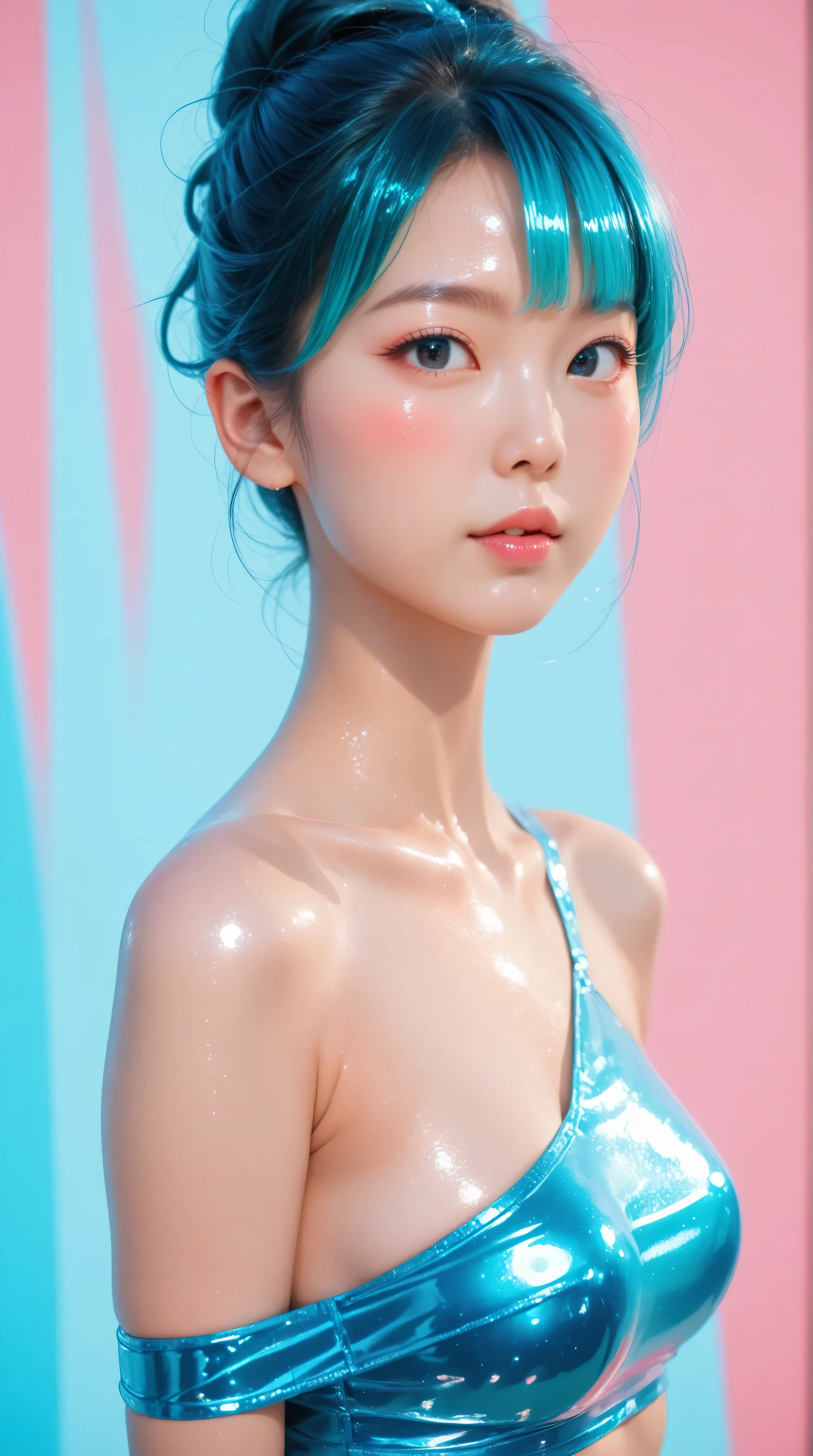 Kizi girl，Highly detailed, Amazing work，Vitreous luster,((clean backdrop))，In pink，(((blue colors)))，green color，red colour，Best quality at best，clean backdrop, shiny skin, very young asian girl, ite, slender, perfect breasts, sexy, heavy blushing, submissive, 