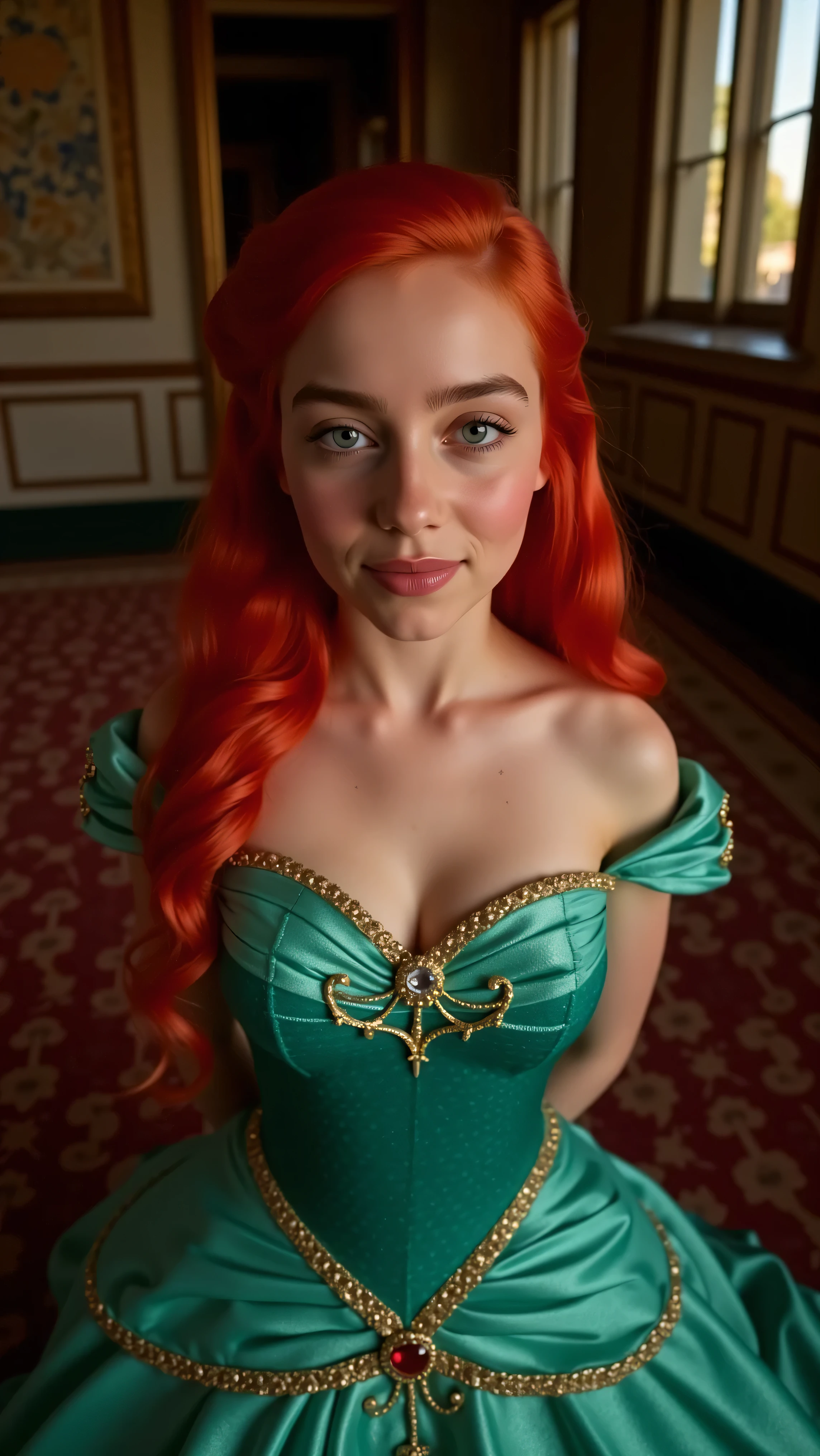 Very Close-up high angle portrait  with a fish eye lens of a busty figure, a young teen  in a ariel costume, ornate ball gown, ((18 years old with tiny breasts; Disney princess Ariel costume; glued to the body; beautiful and elegant; tiny breasts; red hair swept to the side))) and piercing gaze, standing in a dimly lit palace room with ornate designs and a high ceiling, with just a hint of early morning sunlight peeking through the windows. She stands firm, hands clasped behind her back, as she gives a slight  smile. The lighting in the room is dim with a lot focus on her tiny breasts