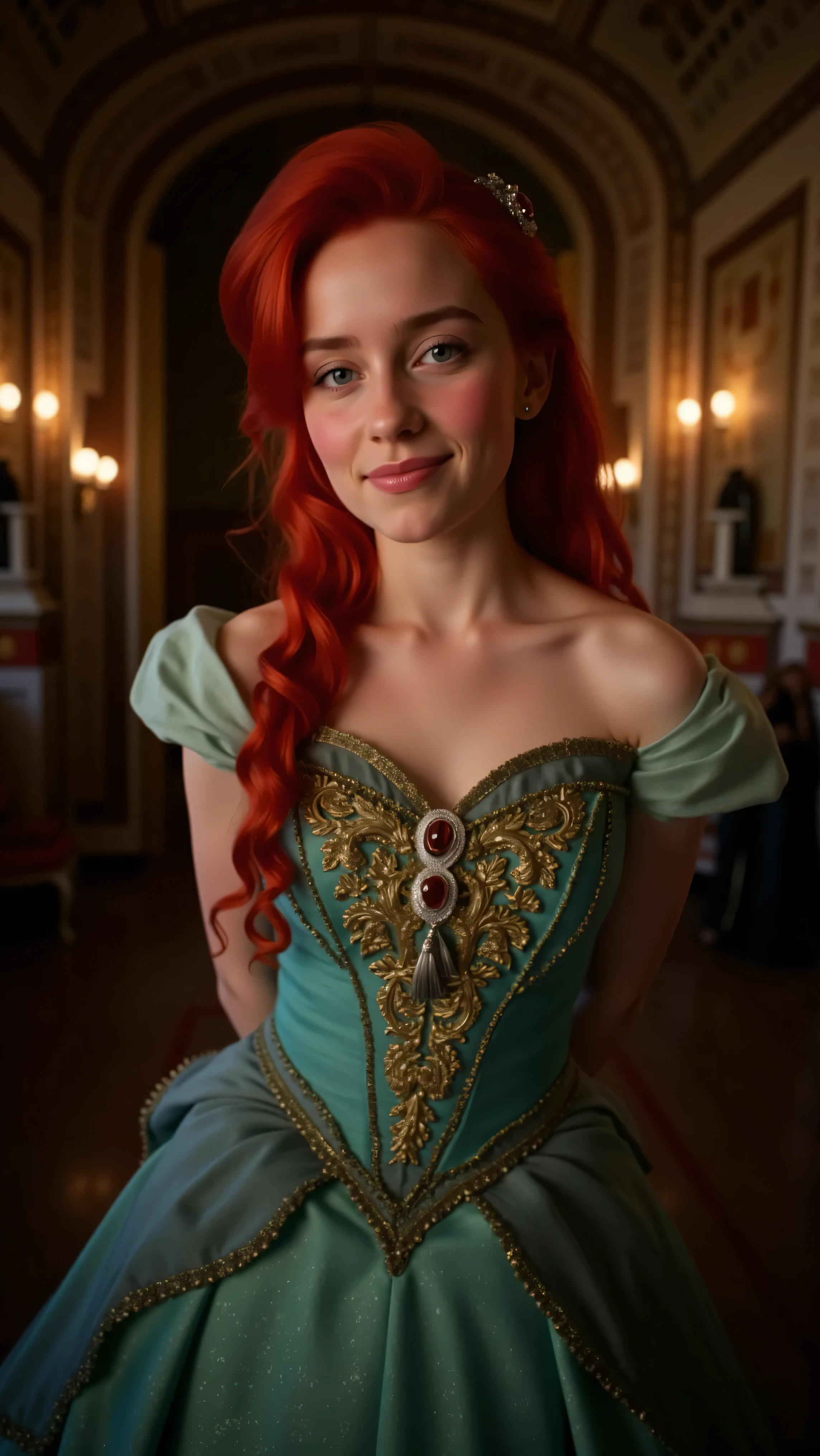 Very Close-up high angle portrait  with a fish eye lens of a busty figure, a young teen  in a ariel costume, ornate ball gown, ((18 years old with tiny breasts; Disney princess Ariel costume; glued to the body; beautiful and elegant; tiny breasts; red hair swept to the side))) and piercing gaze, standing in a dimly lit palace room with ornate designs and a high ceiling, with just a hint of early morning sunlight peeking through the windows. She stands firm, hands clasped behind her back, as she gives a slight  smile. The lighting in the room is dim with a lot focus on her tiny breasts