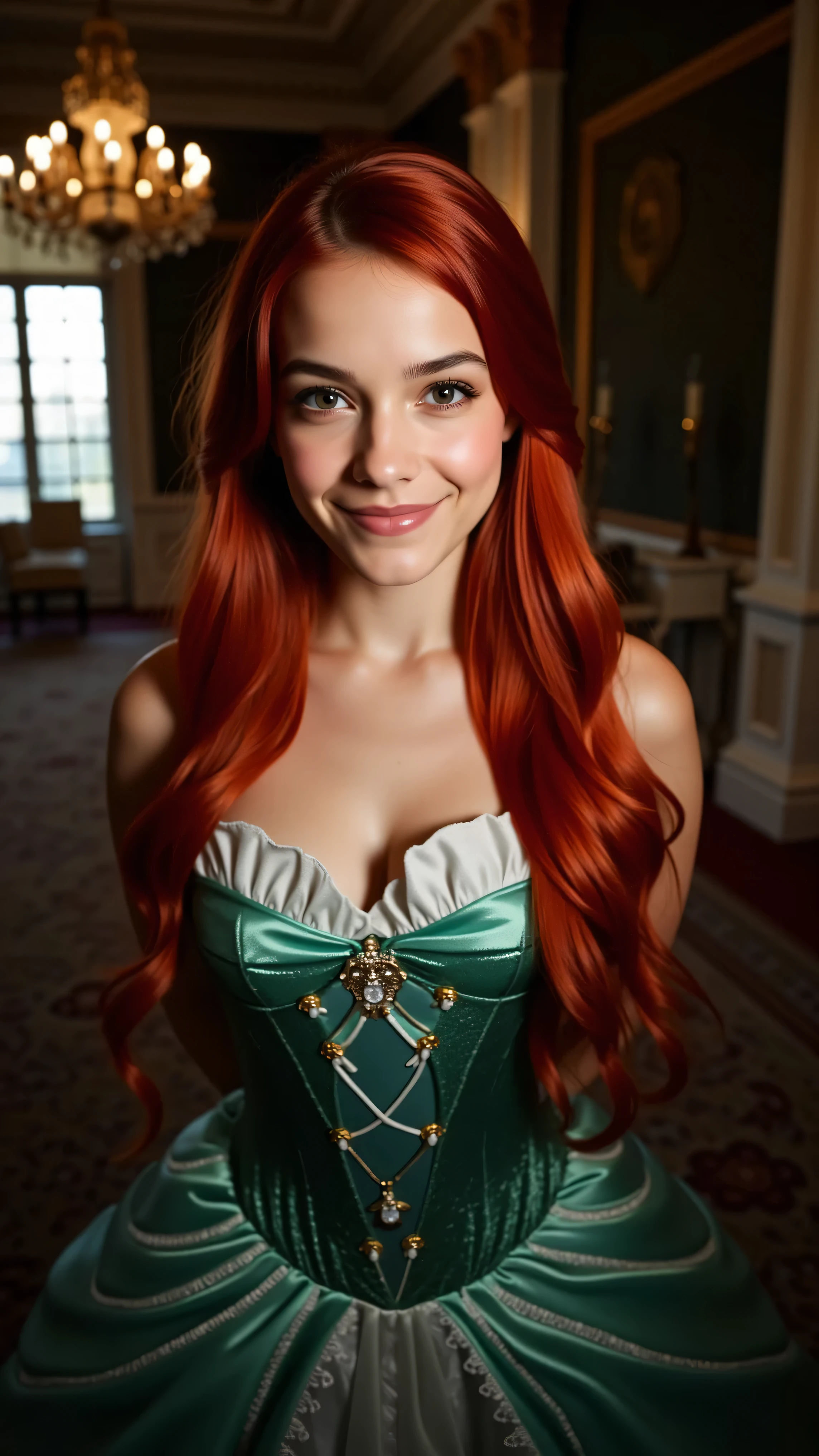 Very Close-up high angle portrait  with a fish eye lens of a busty figure, a young teen  in a ariel costume with her breasts bursting out of the bodice, the bodice is too small for her breasts, ornate ball gown, ((18 years old with tiny breasts; Disney princess Ariel costume; glued to the body; beautiful and elegant; tiny breasts; red hair swept to the side))) and piercing gaze, standing in a dimly lit palace room with ornate designs and a high ceiling, with just a hint of early morning sunlight peeking through the windows. She stands firm, hands clasped behind her back, as she gives a slight  smile. The lighting in the room is dim with a lot focus on her tiny breasts