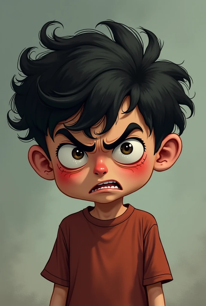 A child or teenager with a red face, furrowed eyebrows and arms crossed or clenched into fists. Around it, Distorted elements such as wavy or fragmented lines that suggest chaos or internal turmoil.
