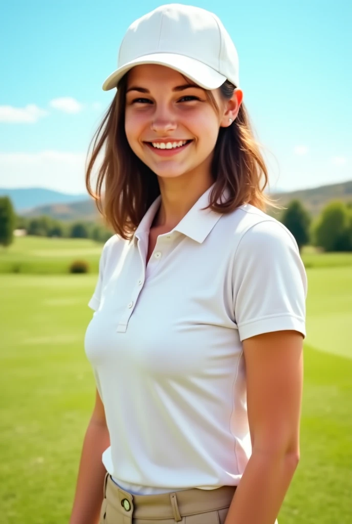 Close up, attractive, plump woman, famous Nike hat, white block polo shirt, with green and white Algerian flag detailed and tailored, green nature background