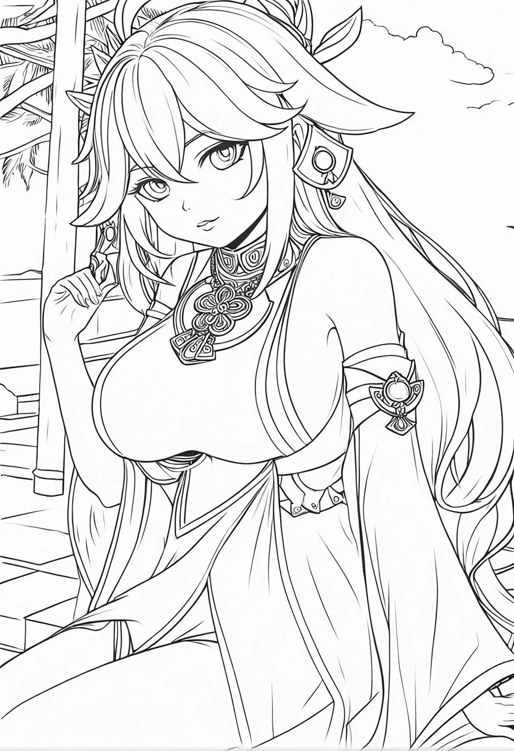 (Line art:1.4)、Monochrome、(No solid paint:1.4)、sketch、(Highest quality, masterpiece, High resolution)、(4K Anime Art)、(1. Beautiful Japanese Women、Age 25)、(whole body、Positive、natural standing posture、)、 (Detailed depiction of a beautiful face)、Smiling Kindly、semi-long、Put your hair up、Small breasts、Slim figure、See-through bikini、(Ethnic print swimsuit)、tropical、flower、Palm tree、Ocean、((White Background))、
