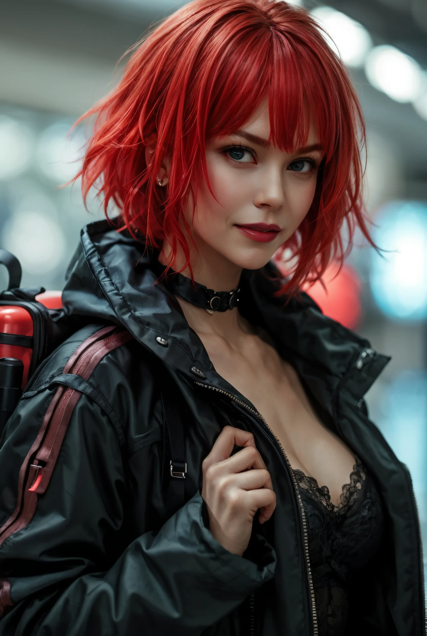 girl, (holding high-tech futuristic device), funnel jacket, huge breasts, backpack, short hair, looking at viewer, earring, sharp focus, (dingdall effect), mischievous smile, hot sexy, punk bob hair, red hair, straight hair, windswept, choker, stylish, bold lace top, black and red, best quality, ultra-detailed, photorealistic, soft lighting, photograph, realistic, realism, hyper realistic,