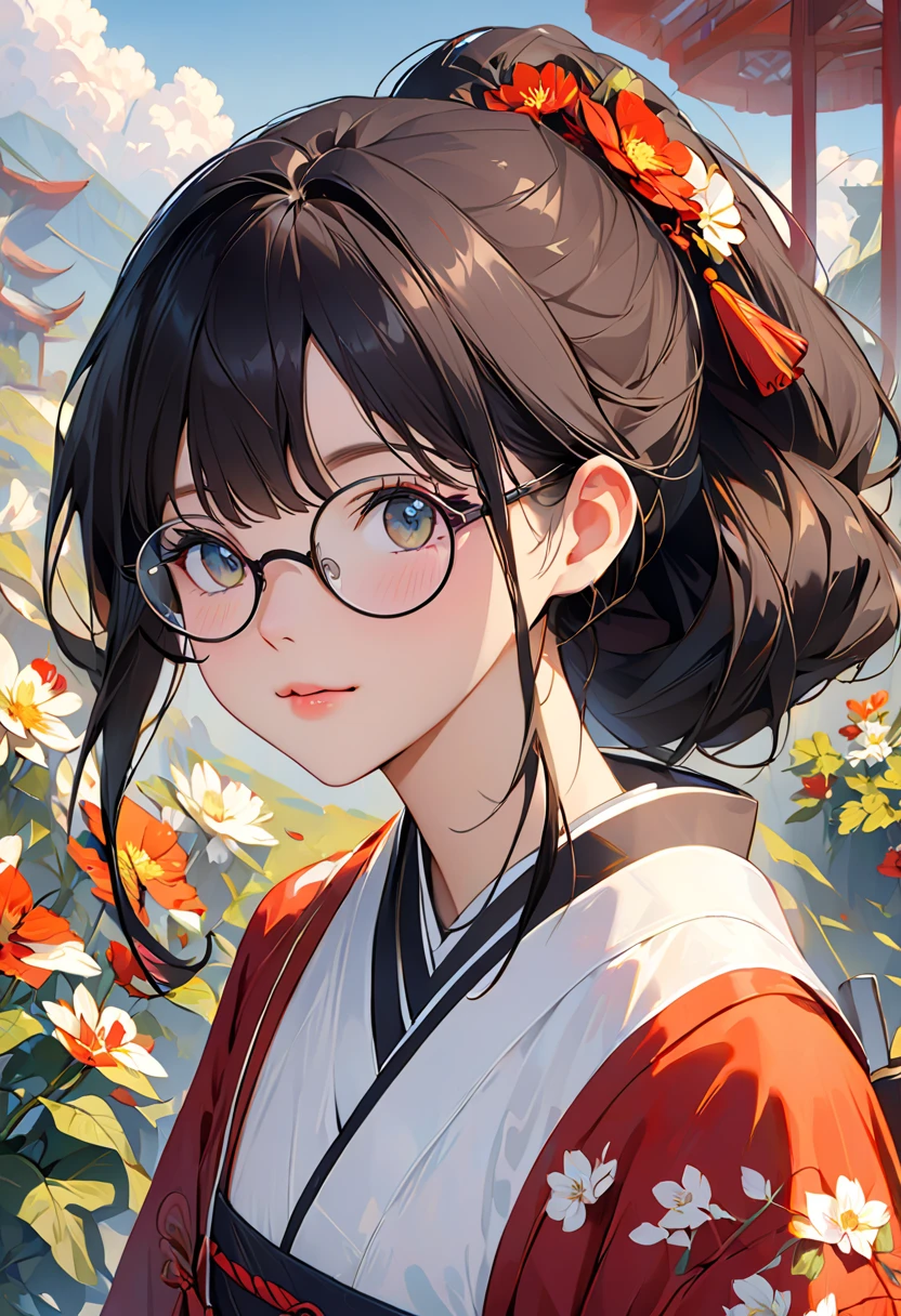The face belongs to a Chinese girl wearing round, black-rimmed glasses.