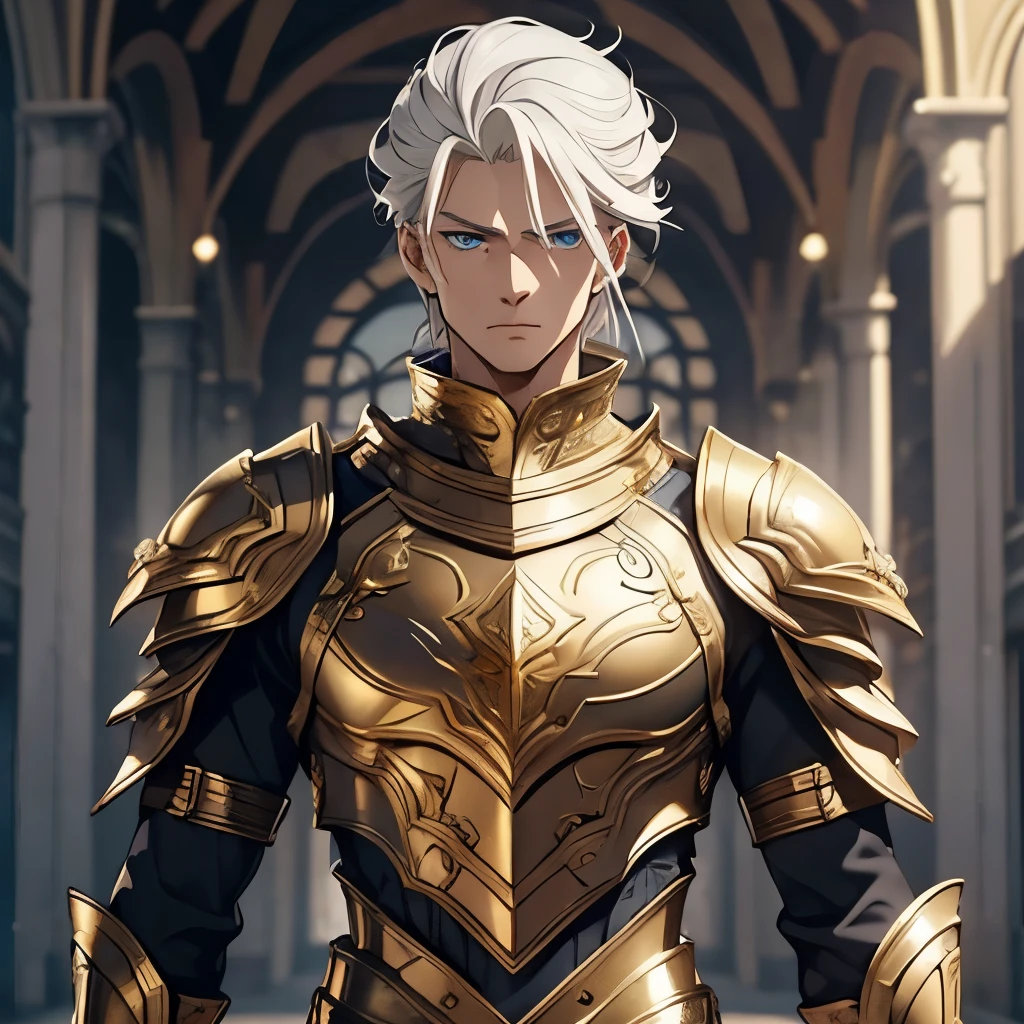 A grown man alone. 63 years . full body costume. high. strong. Long and smooth white hair. Light gold fighting armor, with . a kind look. bright blue eyes . detailed eyes . Wide Face. kind face