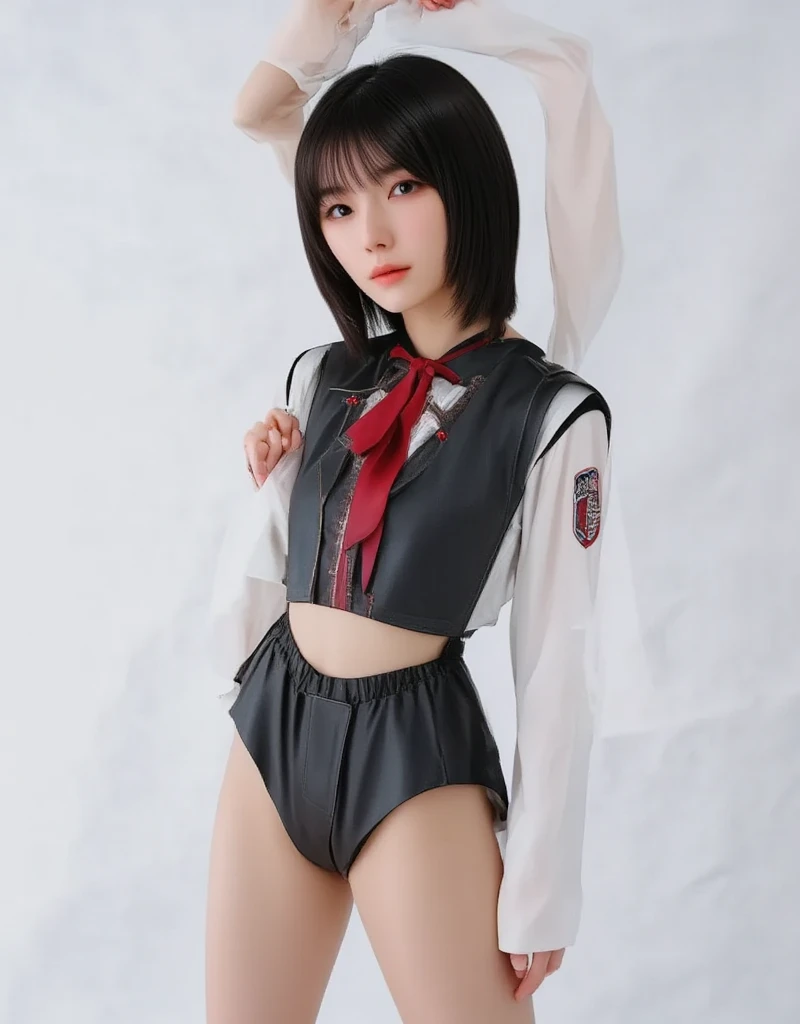 ((((8k))),((Extremely detailed CG)) ,(high school girl:1.2)),16k,((Very sophisticated and beautiful))，(((masterpiece))),(((highest quality))),(((超High resolution))),Beautiful lighting,Perfect Lightning,Realistic shadows,[High resolution],(Smooth and perfect white skin:1.5),(Pale skin:1.3),Extremely detailed facial details,(Perfect body:1.1),Super detailed,Beautiful woman,alone,Small Head,(ponytail、medium hair:1.5),Small face,Exquisite makeup,(Medium chest,Small waist:1.1),slim,thin,Happy,(smile:1.0),(Thin legs:1.1),(whole body:1.1),(Gaunt:1.1 ), (Skinny:1.1),(A tight fitting black sailor suit:1.1),((underboob:1.4)),((belly button:1.4)),((,Black Plate Short Skirt:1.4))((Fleet Collection,Kantai Collection,Yao:1.2)),((Black knee-high socks:1.4)),((standing,multiple views:1.4)),((White triangle tie:1.4)


