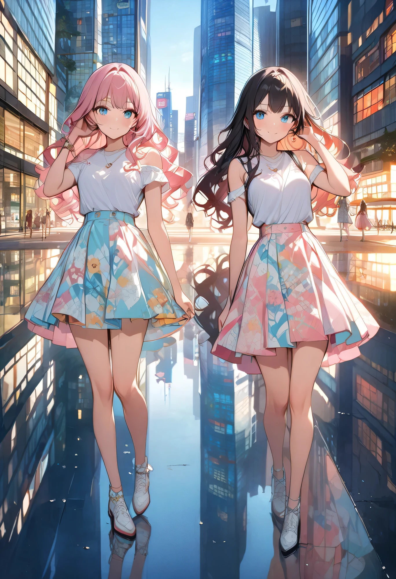 Anime girl in a short skirt and a white shirt walking down a street ...