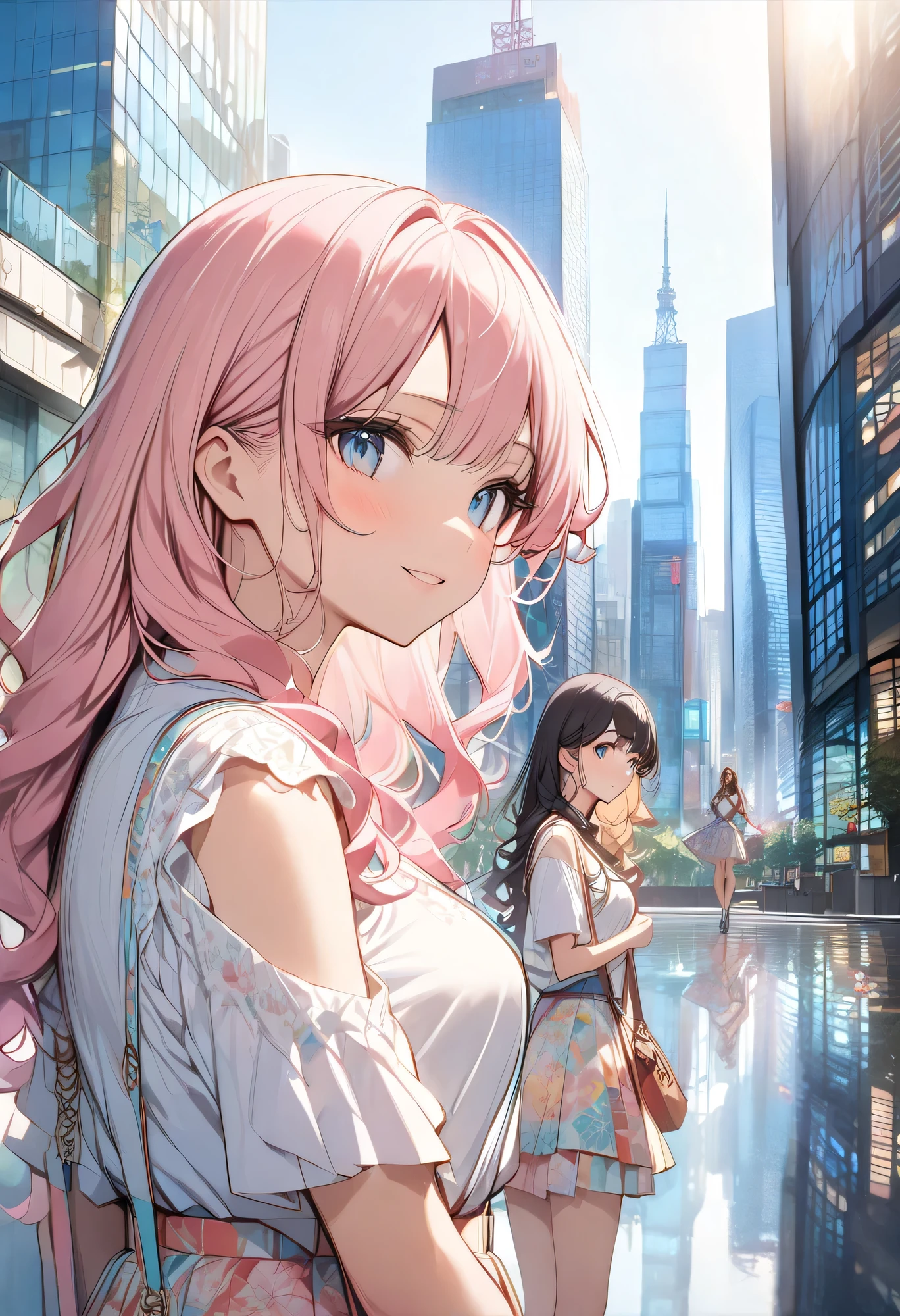 best quality 、 high resolution、( HD:1.2)、masterpiece、 detailed background、 beautiful face down to the smallest detail、 detailed face 、 detailed expressions 、 detailed eyes、Normal number of fingers、 beautiful woman in her 20s 、 big size、 perfect body line、 wavy hair、 calm atmosphere 、 model pose、smile、
(Two beautiful model women reflected in the background of skyscrapers and a smartly designed cityscape:1.5)、
Roppongi Hills、Shiodome 、Shinjuku Fukutoshin、 Shibuya Scramble Square、 It's an area where just incorporating light materials gives off a sense of the season all at once 、
It's an area where skyscrapers and Tokyo Tower blend beautifully 、 simple knit and cut and sew in white and pastel colors 、Mini shoulder bag、 spring-like floral skirts take the lead 、 are sophisticated with skyscrapers 、Light colors and floral patterns in spring 、 tops are simple to enhance the glamor of skirts 、like々 flared skirt with pink and yellow floral patterns 、 Very Beautiful