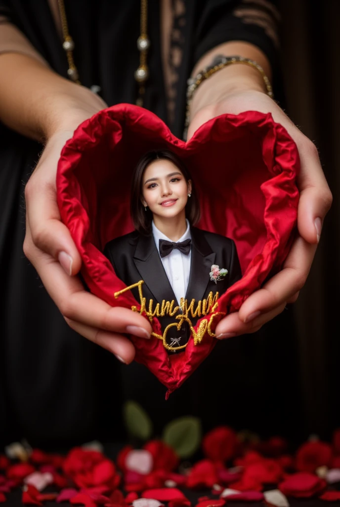 create a big 2 hands of a woman with beautiful nail art and holding a big red diamond giant heart shape with a realistic image of a thai happy smilling 20-year-old boy wearing a formal attire inside the heart,a 3D small text name infront of the boy "yum yum "gold letters,background black theme with a red roses beside the heart,have a petals scattered on the ground,fog thick smoke added, realistic photo