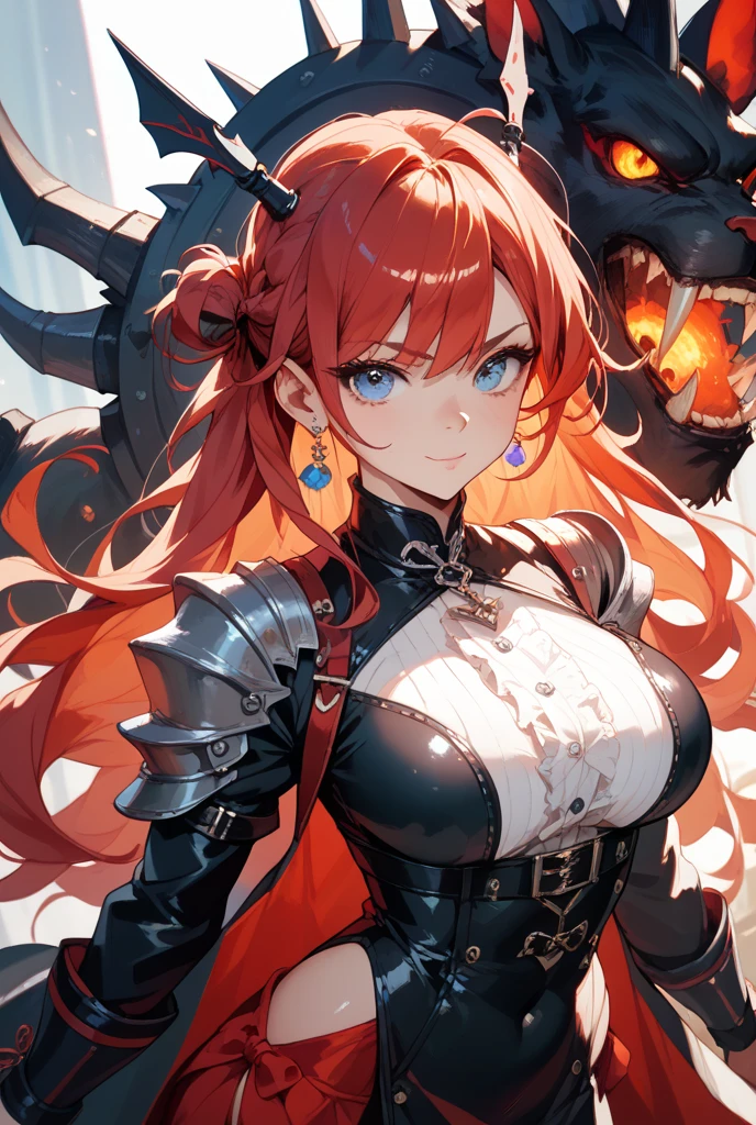 female, solo, pet dragon behind the girl, red long hair, blue eyes, black sexy armor