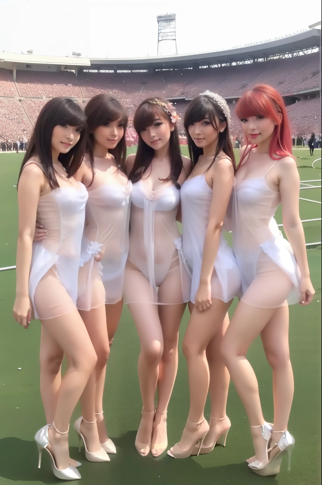 Attractive woman、3 people、Stadium、an lingerie、large boob、A smile、masterpiece、top-quality、vaginal、Hidden areas exposed、Insertion of foreign objects into hidden parts、fullnude、large amount of sperm、cum shots、