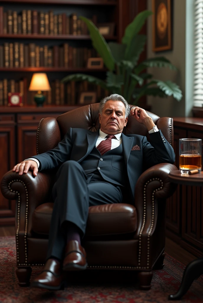 rich man aged 50 to 65 sitting in an armchair holding a glass of drink dressed in a suit