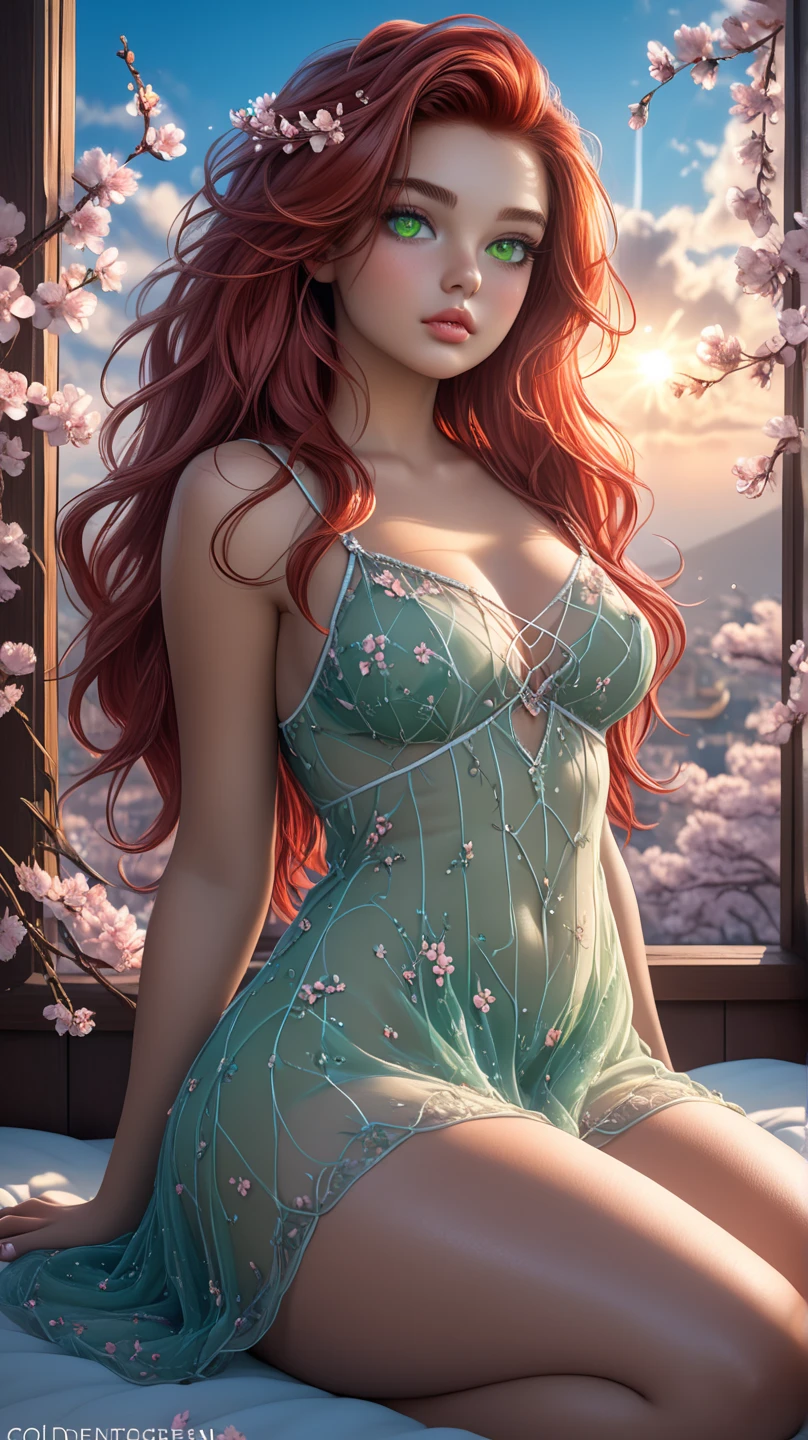 (((full medium shot))), (Masterpiece, photorealistic, photorealism, best quality, ultra-detailed: 1.3), (beautiful hands, perfect hands), beautiful thighs, official art, cinematic light, (1 girl: 1,3), adult, young lady, long curved red hair, oil and watercolor painting, (sketch: 1,1), limited palette, bright green eyes, fleshy red mouth, red hair with light highlights, skin bright, empty eyes, (lips: 0.4), (watercolor: 0.8), (ink splatters: 1.2), (flesh griffiths: 1.2), red flower background, masterpiece, cinematic shadows, deep shadows, details intricate, award-winning, beautifully lit, cinematic lighting, ray tracing, dynamic angle, dynamic pose, full body shot, vibrant, beautiful, painterly, detailed, textural, artistic, sharp focus, very inspiring, innocent, elegant, impressive, rich , elite, epic, professional, surreal, extremely complex, highly colorful, color balanced background