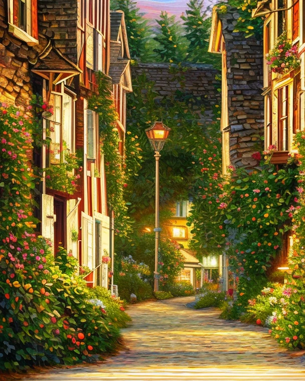 A dreamy night scene of a stone-paved path winding through a quaint village, illuminated by warm glowing streetlights, surrounded by dense trees with intricate details. The sky transitions from sunset hues to twilight, with an impressionist art style, soft textures, and warm, inviting colors. High resolution, atmospheric depth, and soft lighting effects.