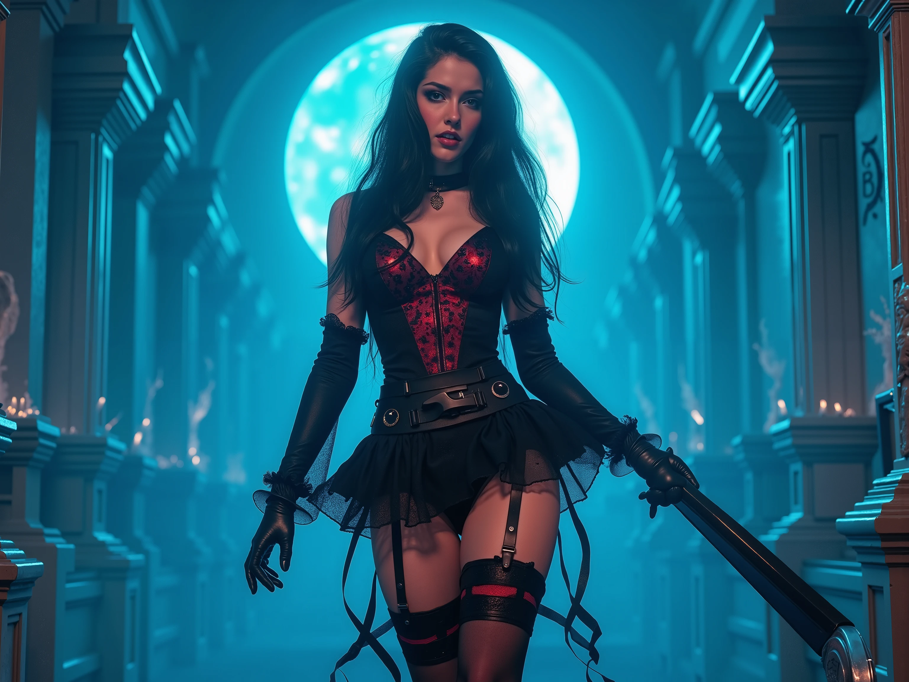 quality and details :
(8k, HD, ultra-detailed, realistic , masterpiece: 1.3), (Professional lighting, kinoreif, clear focus on the figure : 1.5), (strong colors, sharp details , flawless textures ).
scene and lighting :
A radiantly illuminated woman in a tight-fitting , black dress with Fine stockings take center stage in front of a big , glowing red moon .
The figure is bright : concealed , warm light sources put her in focus , surrounded by a delicate golden glow , that gently accentuate her silhouette .
Soft shadows and reflective light reinforce the plasticity of her body and the shiny textures of her outfit.
Character:
She is an elegant and seductive succubus , inspired by Lilith and cyberpunk aesthetics .
Her black, short dress, combined with red and black details , is highlighted by the light , which makes every fold and accent perfectly visible .
Your seductive look and dominating posture catch the light and glow almost .
atmosphere:
The background, with gothic and futuristic elements such as neon shimmers , remains in contrast to the perfectly illuminated figure .
Black and red color accents , which is reinforced by the bright main character , create a dramatic and gripping scene .
Inspired by Diablo 4 and Demonic anime girls , is the scene a mix of cyberpunk and medieval fantasy , with a clearly dominating bright figure in the foreground .