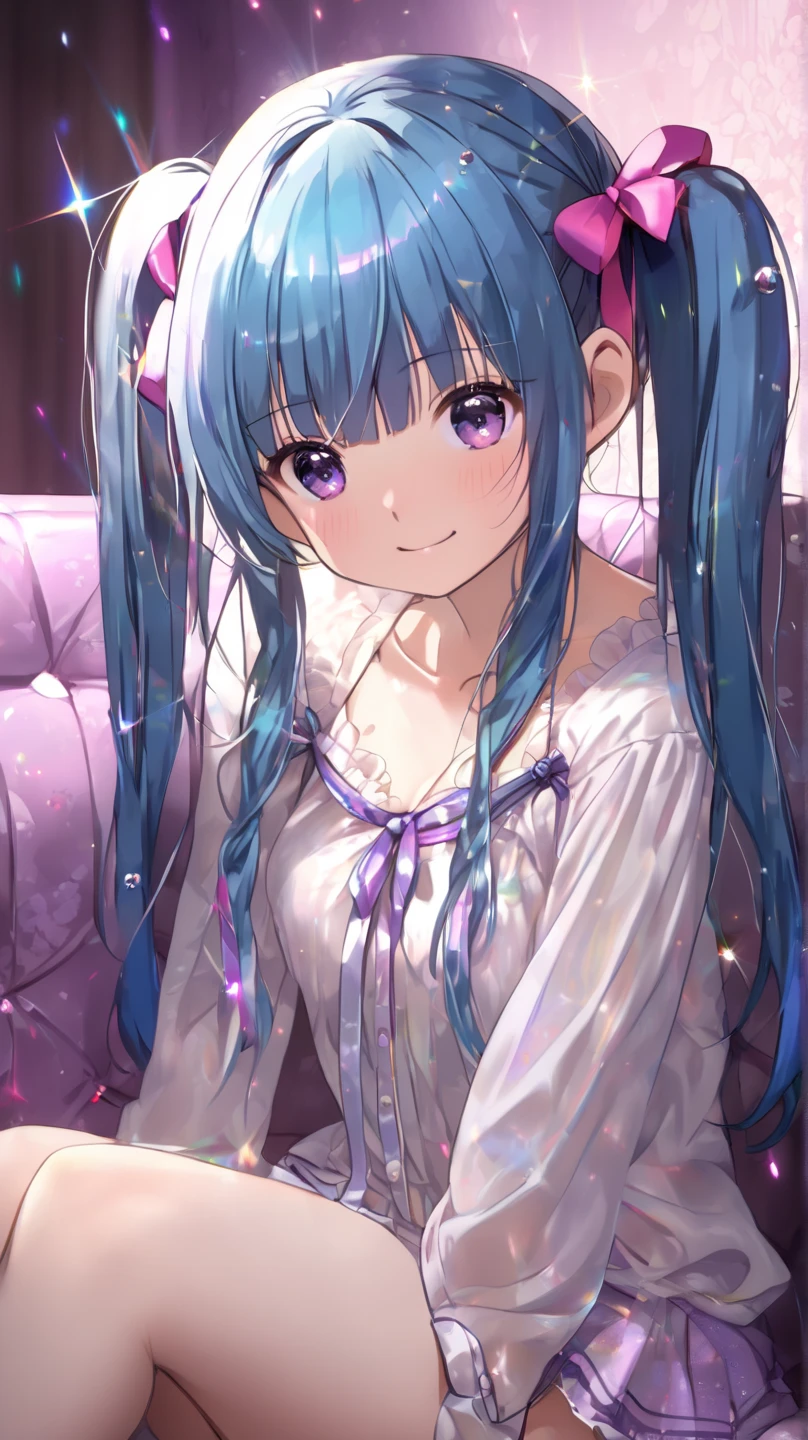 (NSFW, Masterpiece, 4k high resolution, super high quality, Detailed drawing, at her girlish Private Room, Romantic indirect lighting, Japanese teen girl), (Her glossy bangs teen ribbon-tied twintail hair where each strand of hair is carefully drawn, round small face, Her fluffy round tits:1.5), (She was charged with a sparkling cuteness that didn't fit in the mob:1.5, She is happy to be with me and spoils me a lot:1.5, To give her a more mature look:1.5, Cute and tight boob-enhancing blouse:1.5, She sits pretty on the couch:1.5, She was so determined to lose her virginity that she unbuttoned her blouse to reveal a lovely bra:1.5)